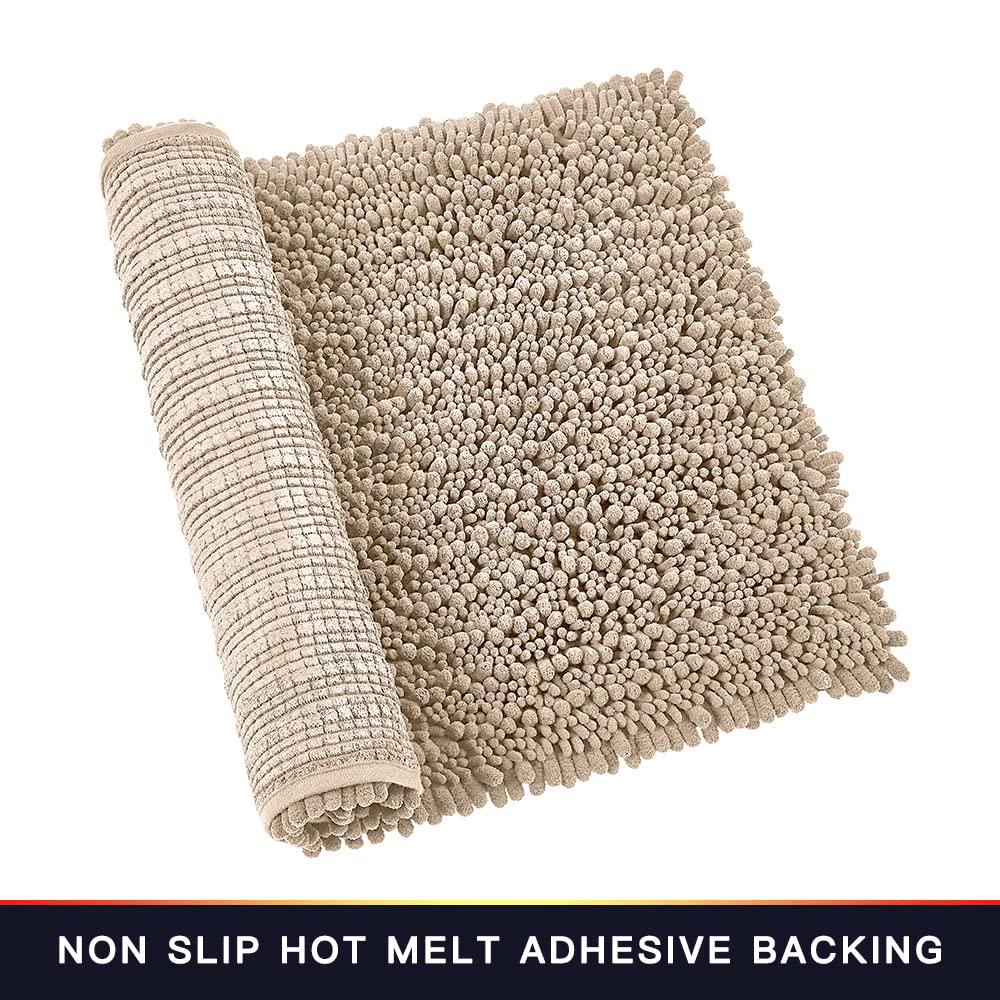 Walensee Bathroom Rug Non Slip Bath Mat (24x17 Inch Beige) Water Absorbent Super Soft Shaggy Chenille Machine Washable Dry Extra Thick Perfect Absorbant Best Small Plush Carpet for Shower Floor