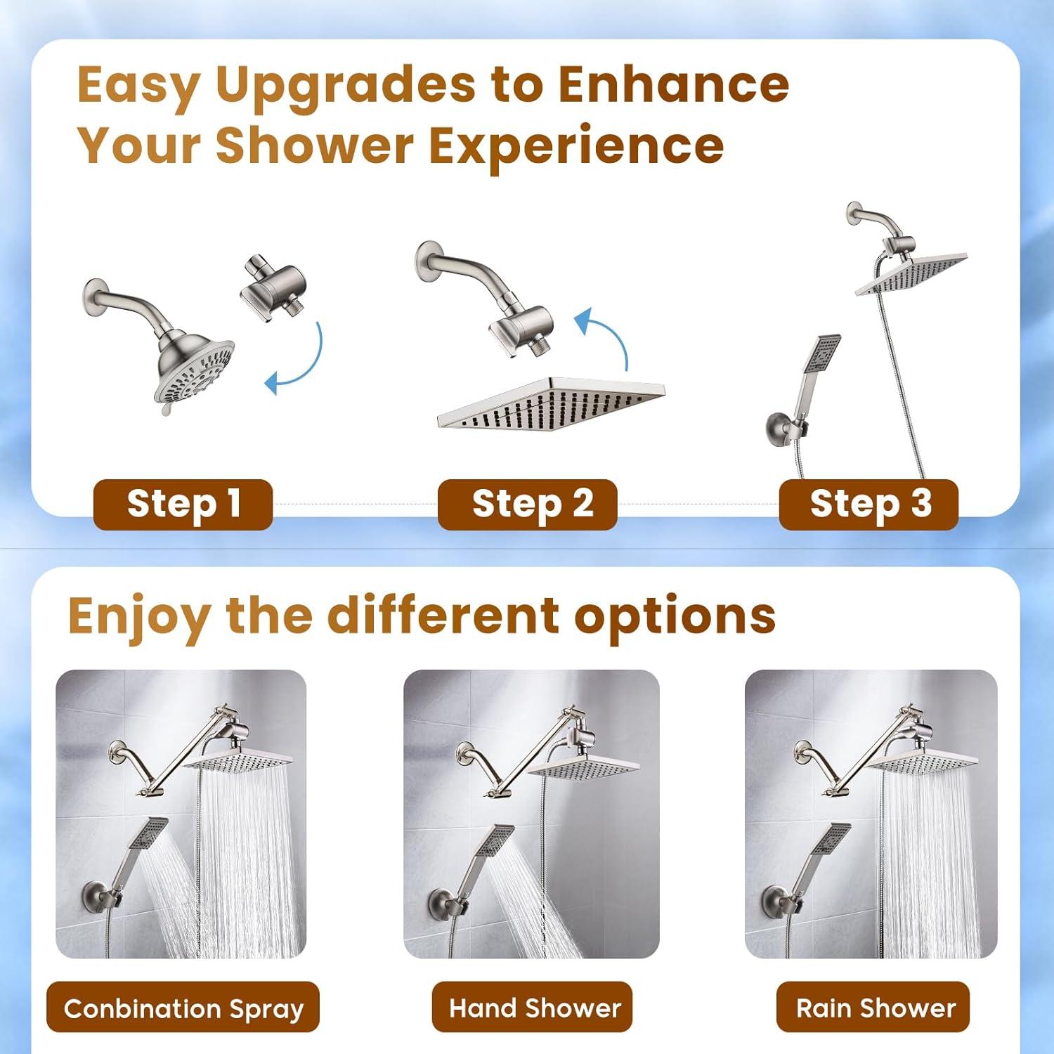 BRIGHT SHOWERS Rain Shower Head Combo, 8" Rainfall Shower with Handheld Spray, 60" Hose, 3-Way Diverter, Wall Bracket, Brushed Nickel