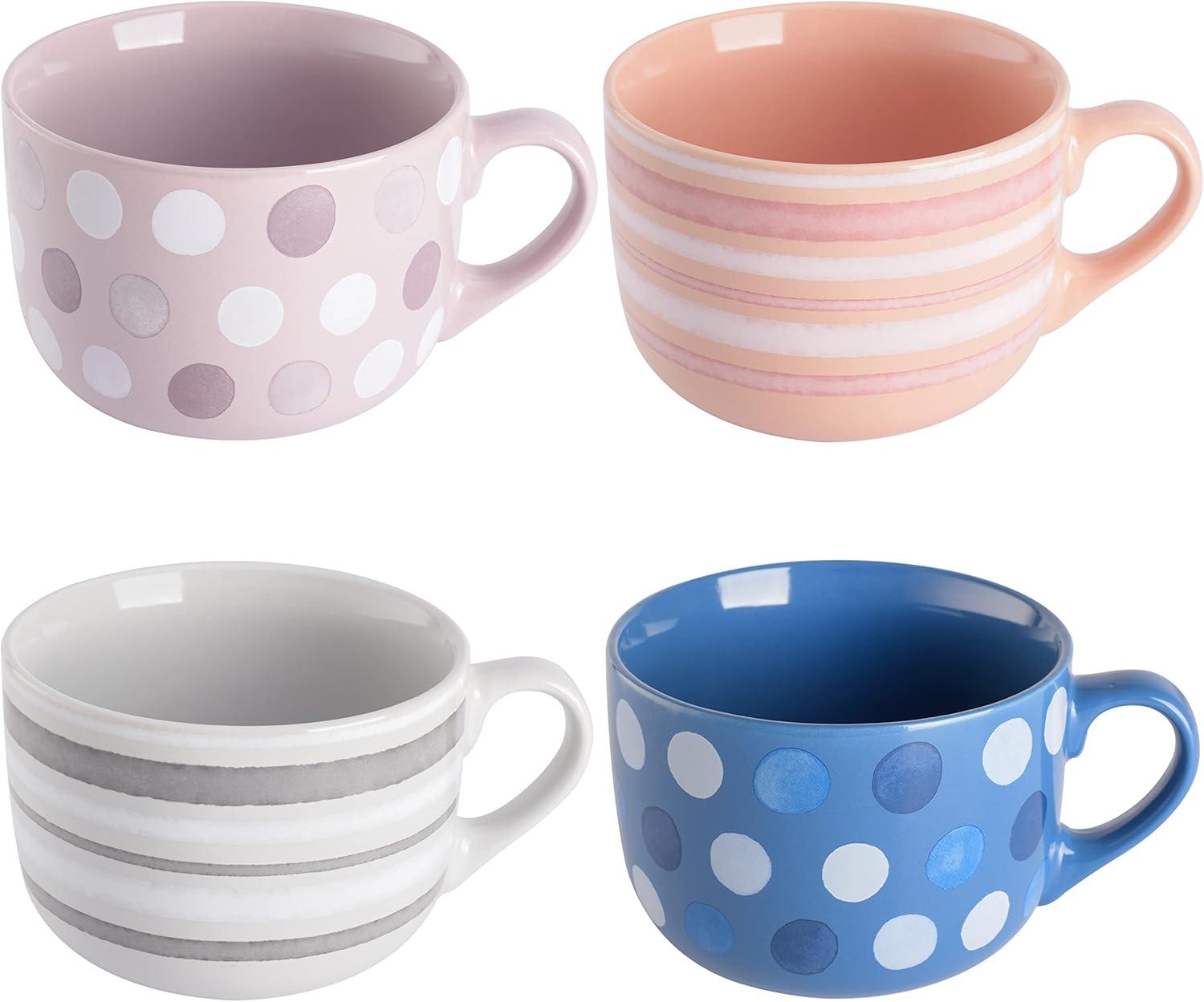 Mr. Coffee Mr. Coffee Cappuccino Bliss 4 Pack 23 OZ Latte Assorted Decorated Design Stoneware Mugs