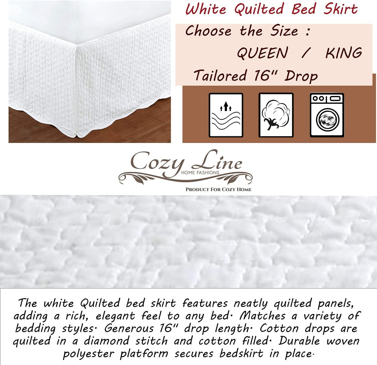 White Quilted Cotton Bed Skirt with 16" Drop for King Beds