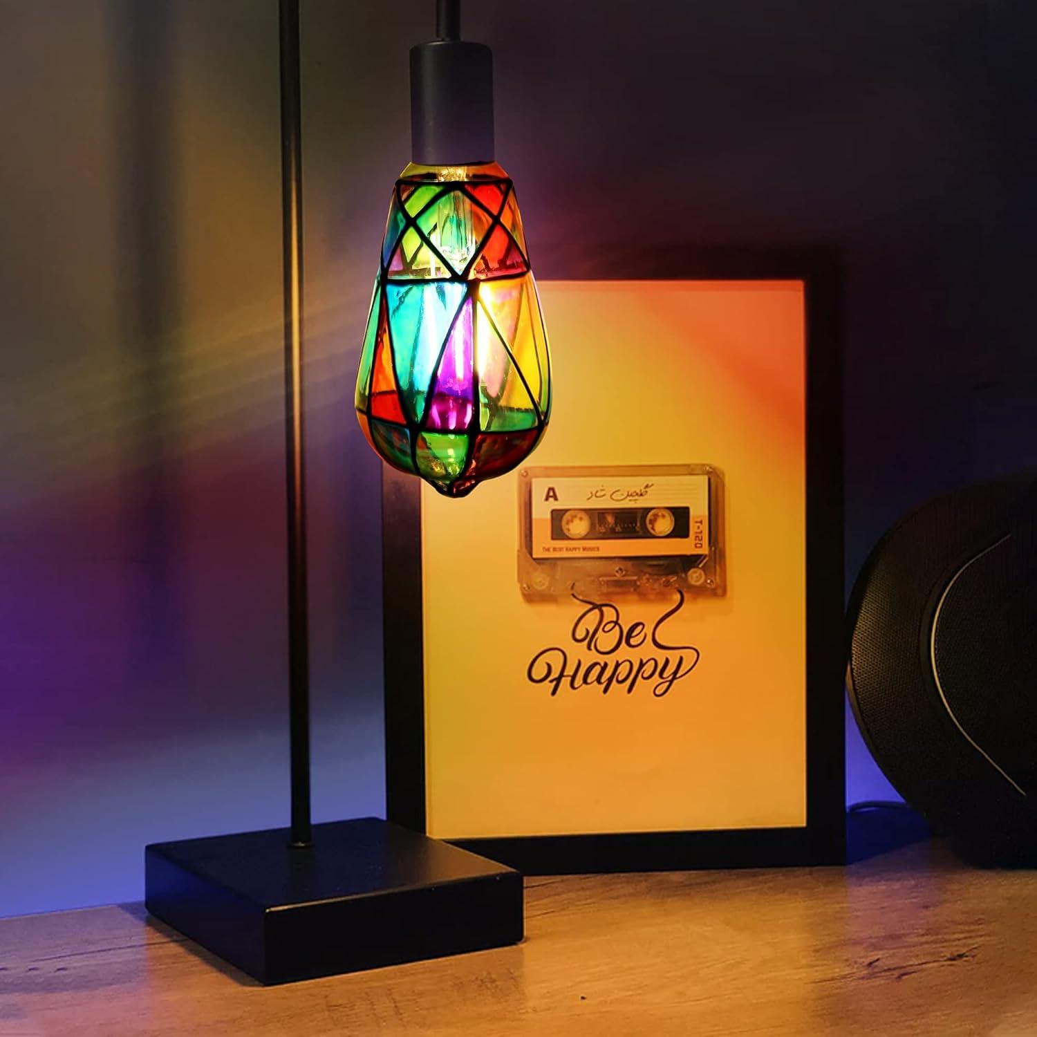 4 Pack Stained Glass Light Bulbs, LED Edison Light Bulb E26 3.5W Replacement Light Bulbs Tiffany Style for Bedroom Living Room Home Christmas Decoration