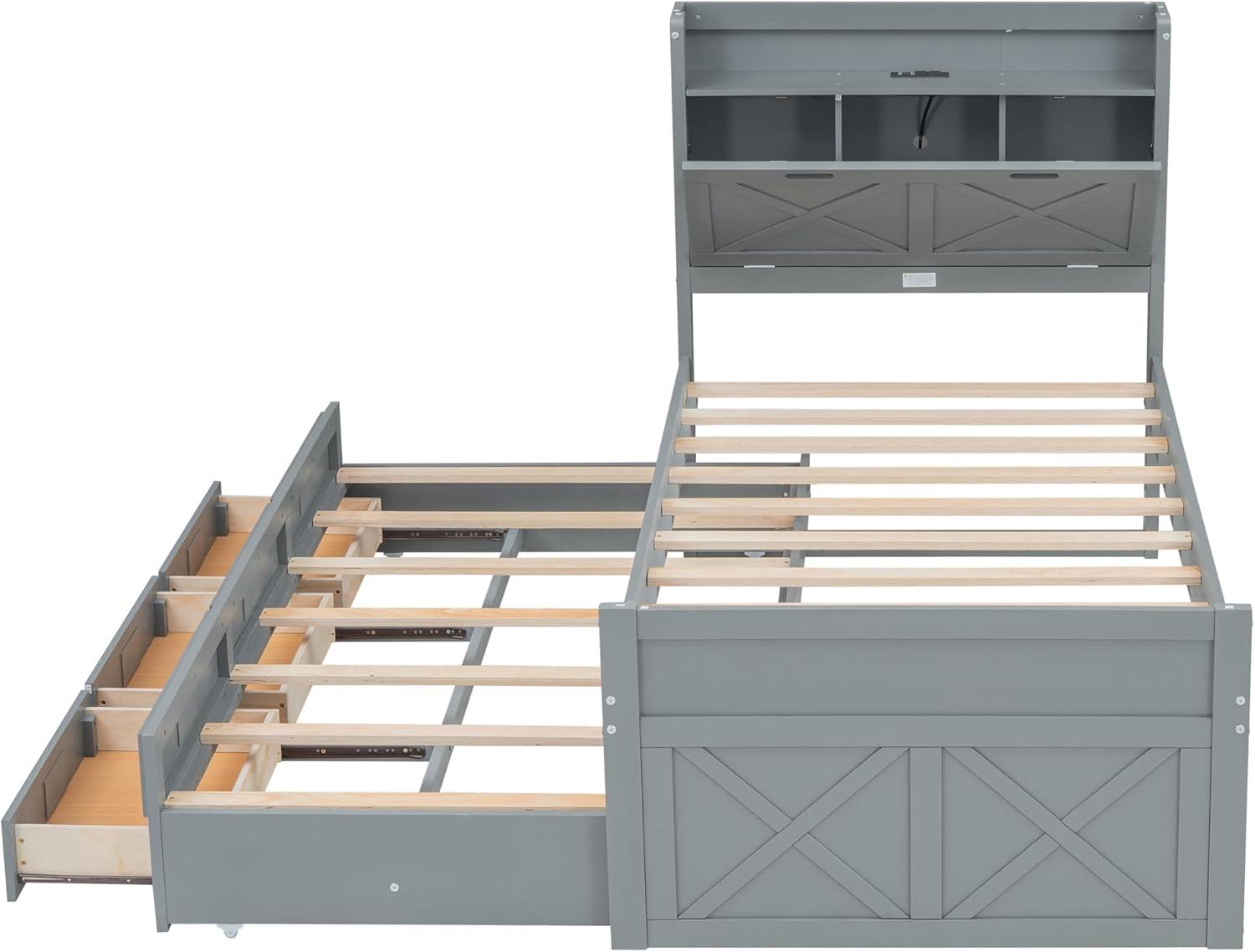 Gray Twin Wood Bed with Storage Drawers and Trundle