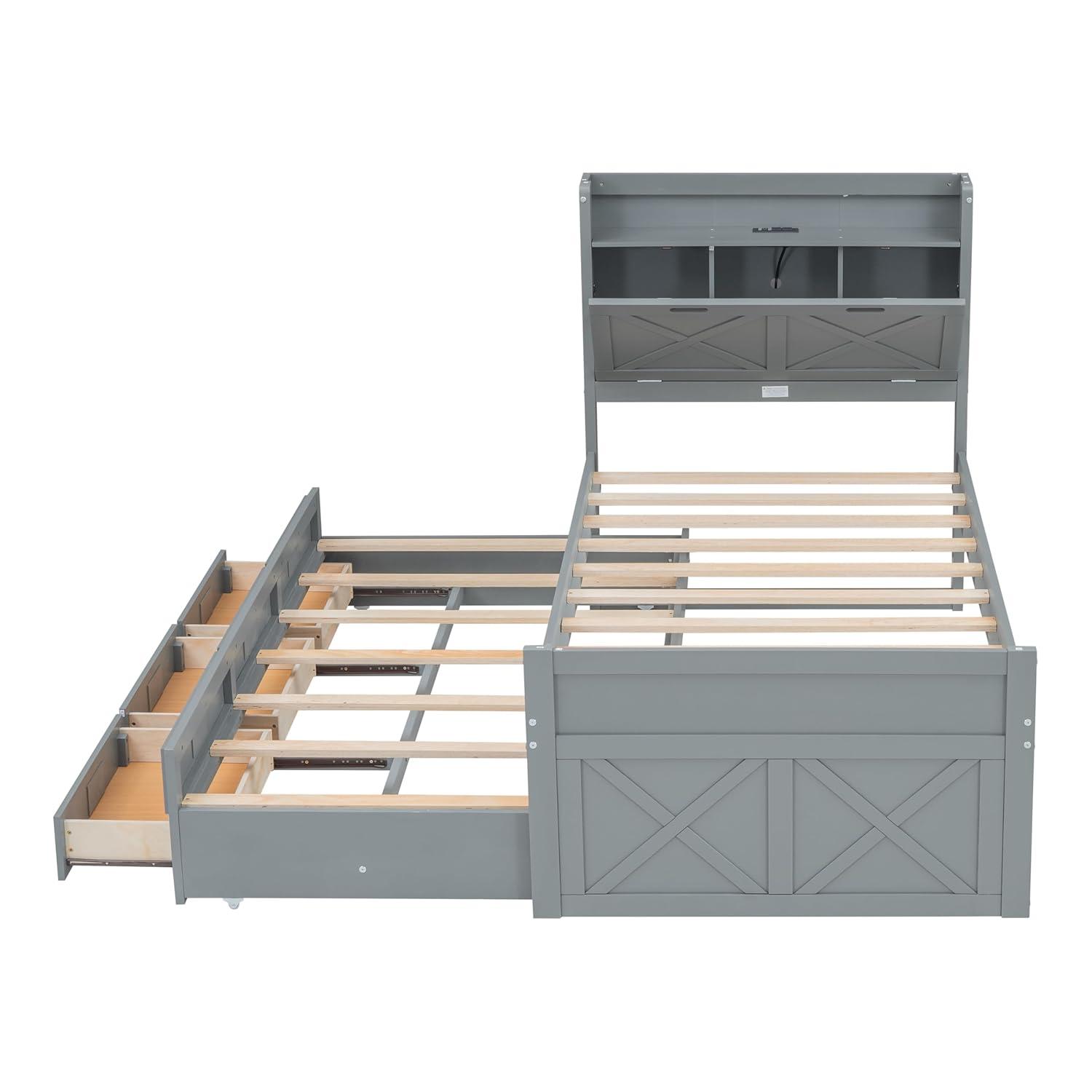Gray Twin Wood Bed with Storage Drawers and Trundle