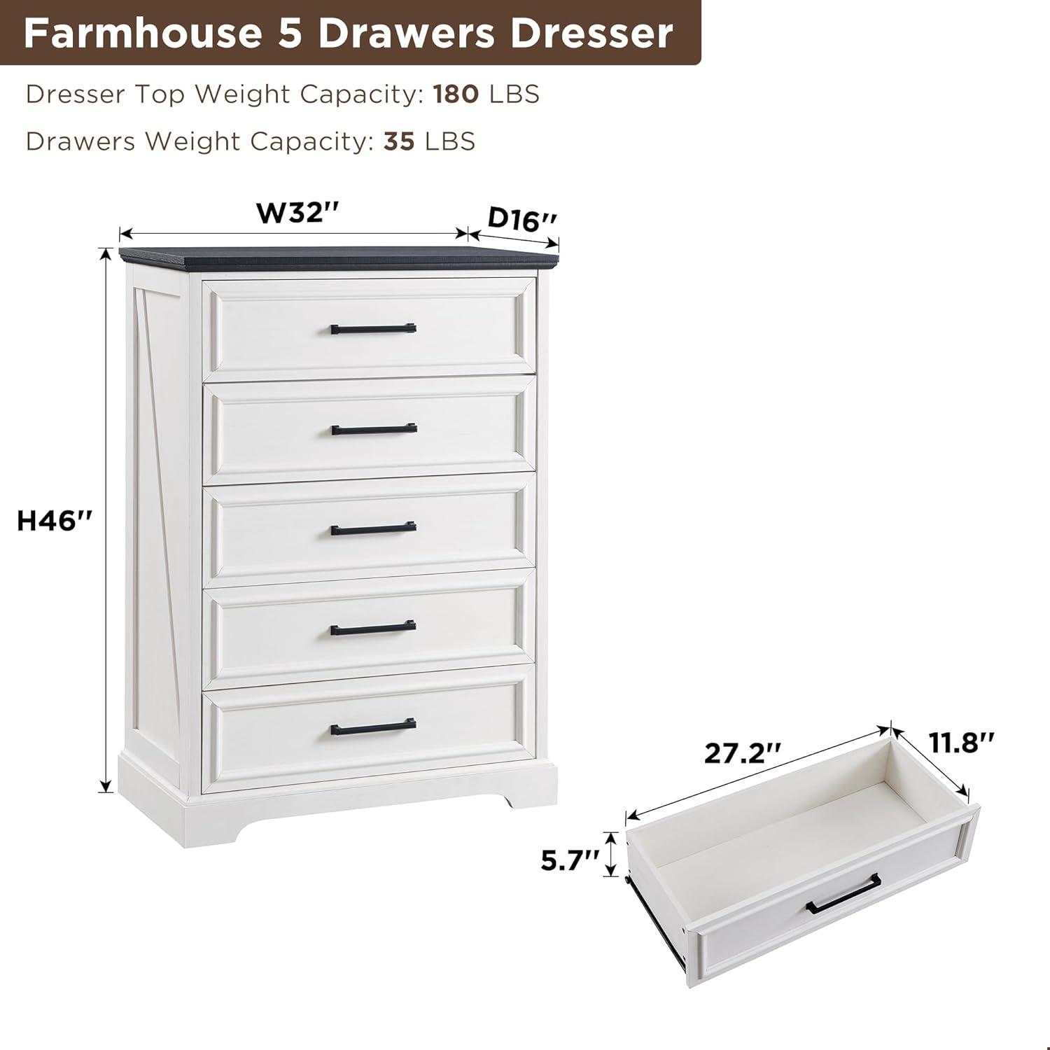 46" Farmhouse 5 Drawers Dresser for Bedroom, Tall Wood Chest of Drawers with Natural Texture for Bedroom, Living Room