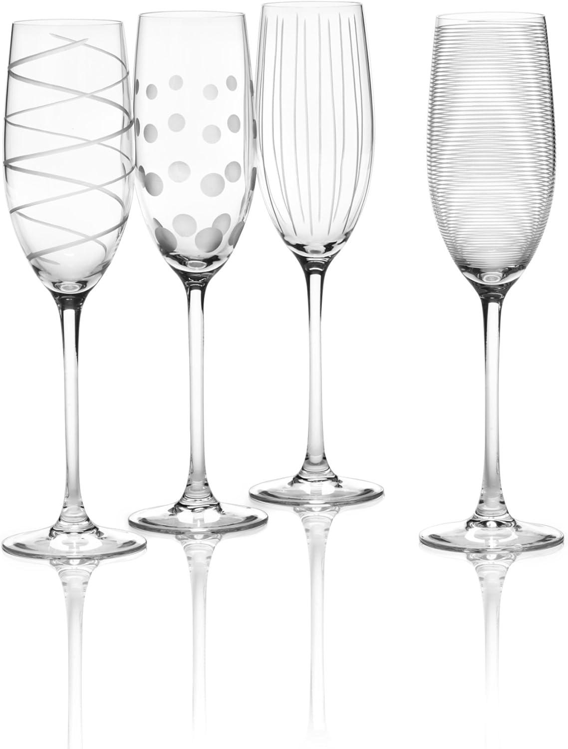 Set of 4 Clear Crystal Champagne Flute Glasses with Etched Designs