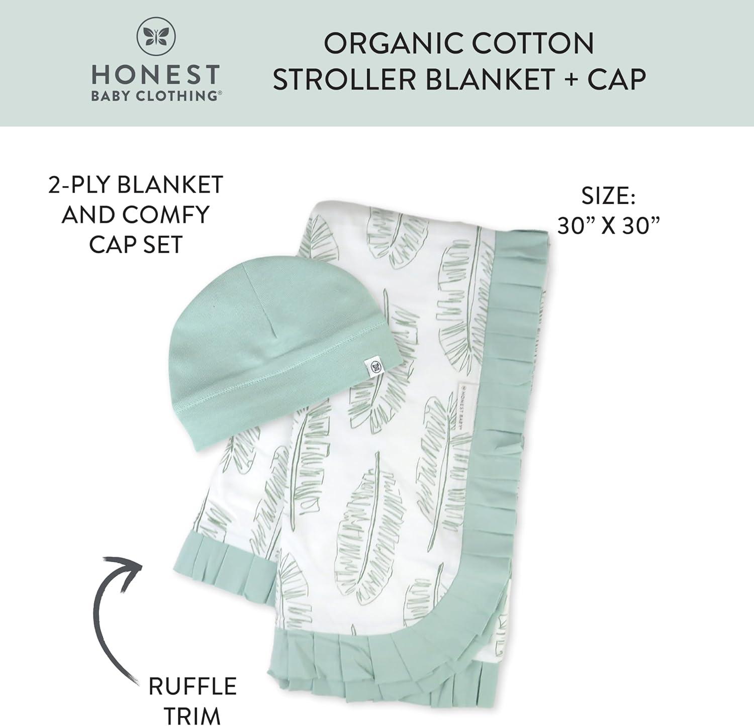 Honest Baby Clothing Organic Cotton Boy/Girl 2-Piece Stroller Blanket and Beanie Hat Gift Set, Sage