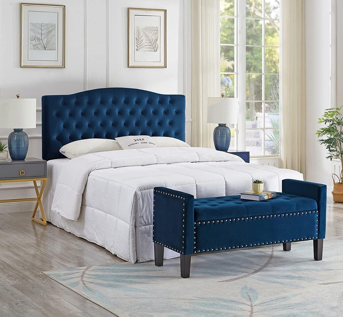 Navy Velvet Tufted Storage Bench with Arms and Nailhead Trim