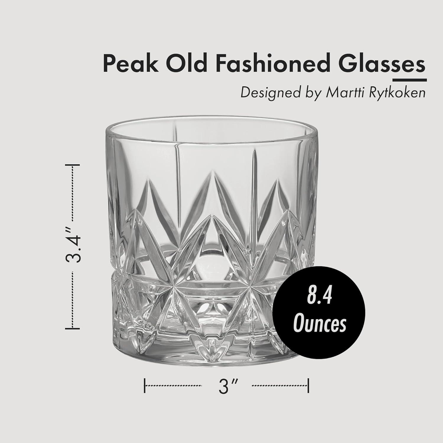 Orrefors Peak Old Fashioned Glass (Set of 4) - 8.5 Fl. Oz., Royal Peak Design, Glassware for Whiskey, Bourbon, Gin, Serving Cocktails & Margaritas, Dishwasher Safe