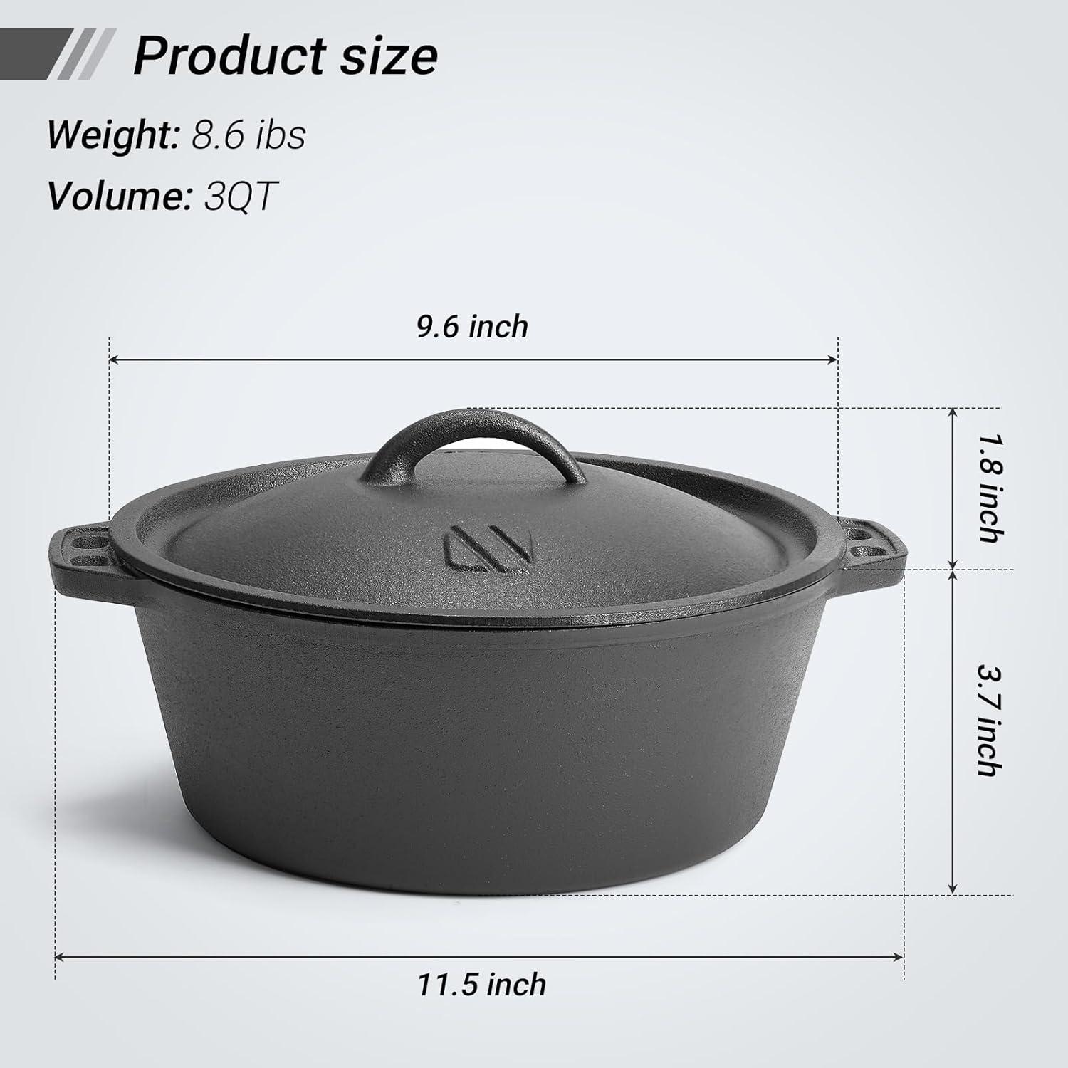 shuoli Pre-Seasoned Cast Iron Dutch Oven Pot With Lid, For Braising, Broiling, Frying, Sourdough Bread Baking, Camping Cookware, BBQ,3 Quart Pan