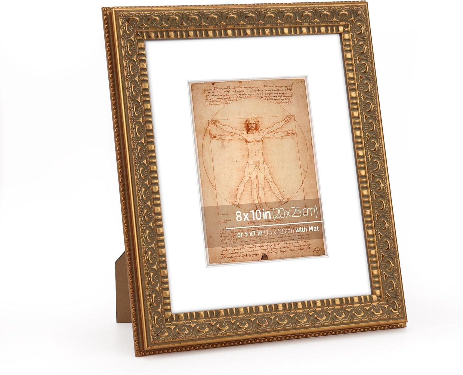 8x10 in Antique Gold Ornate Classic Picture Frame, Matted for 5x7 Photos, Real Glass Protection, Tabletop or Wall Mounting Display