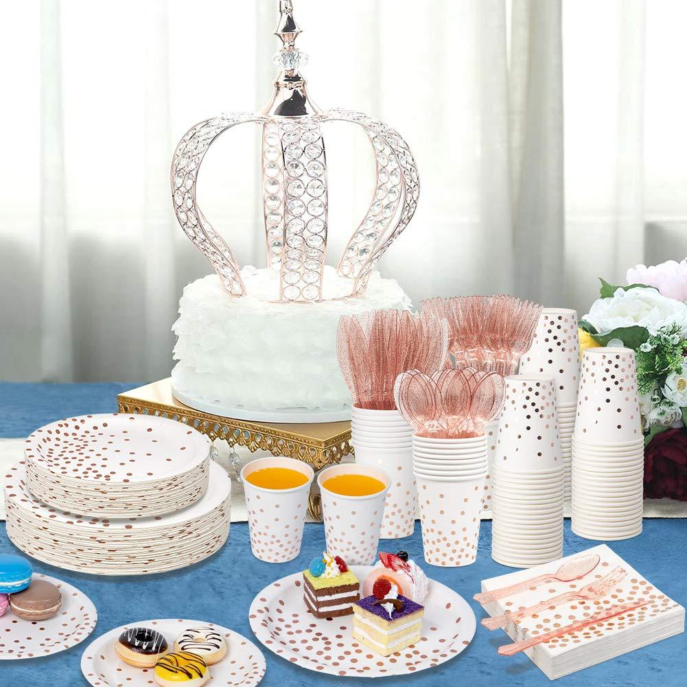 White & Rose Gold Party Supplies, 350PCS Disposable Dinnerware Set with Plates Napkins Cups Forks Knives Spoons for Girl Women Birthday Baby Bridal Shower Graduation Wedding Party Decoration