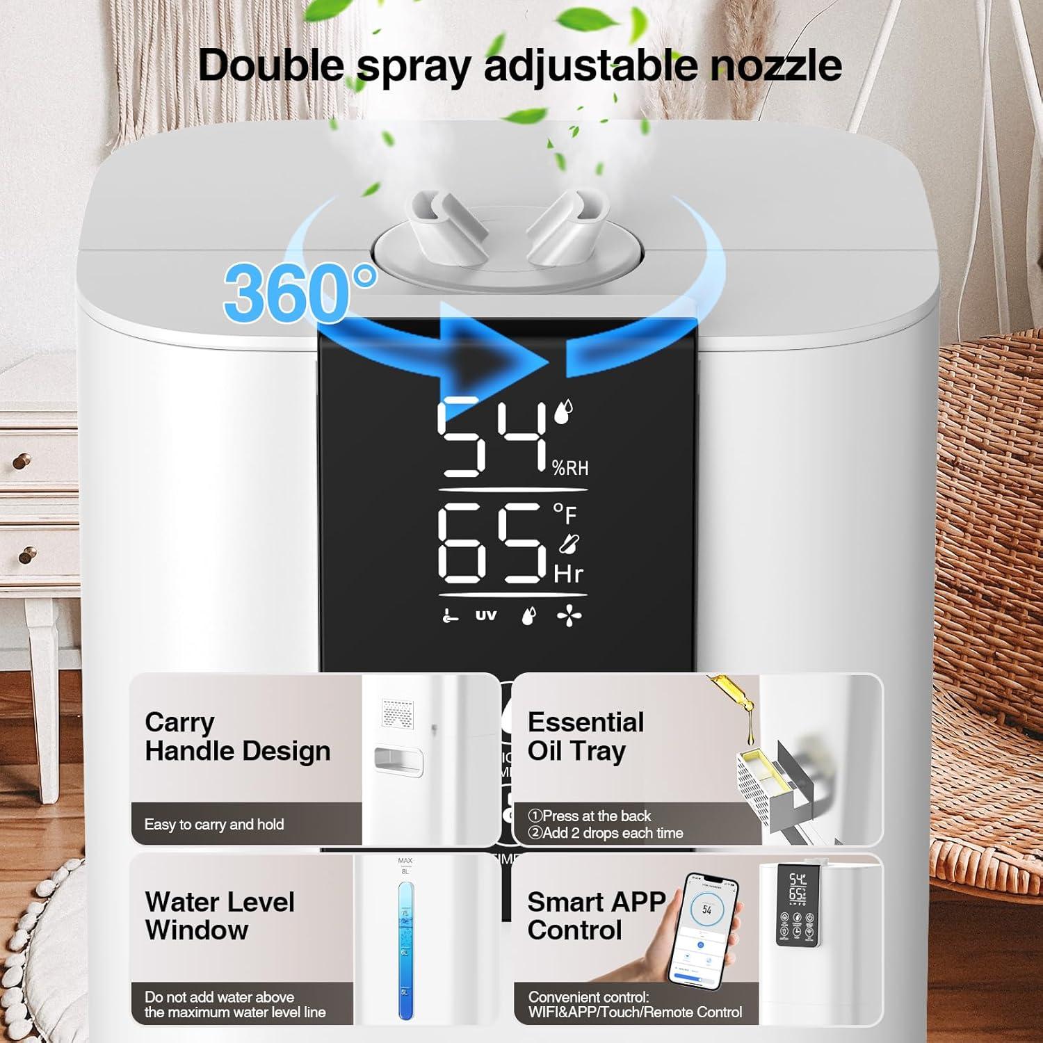 Smart Humidifiers Large Room Bedroom Home,2.11Gal(8L) Quiet Top Fill Cool Mist Humidifier,Smart App & Remote Control, 3 Speed Humidifier with 360°Nozzle,Humidity Setting for Baby Office Plant(White)