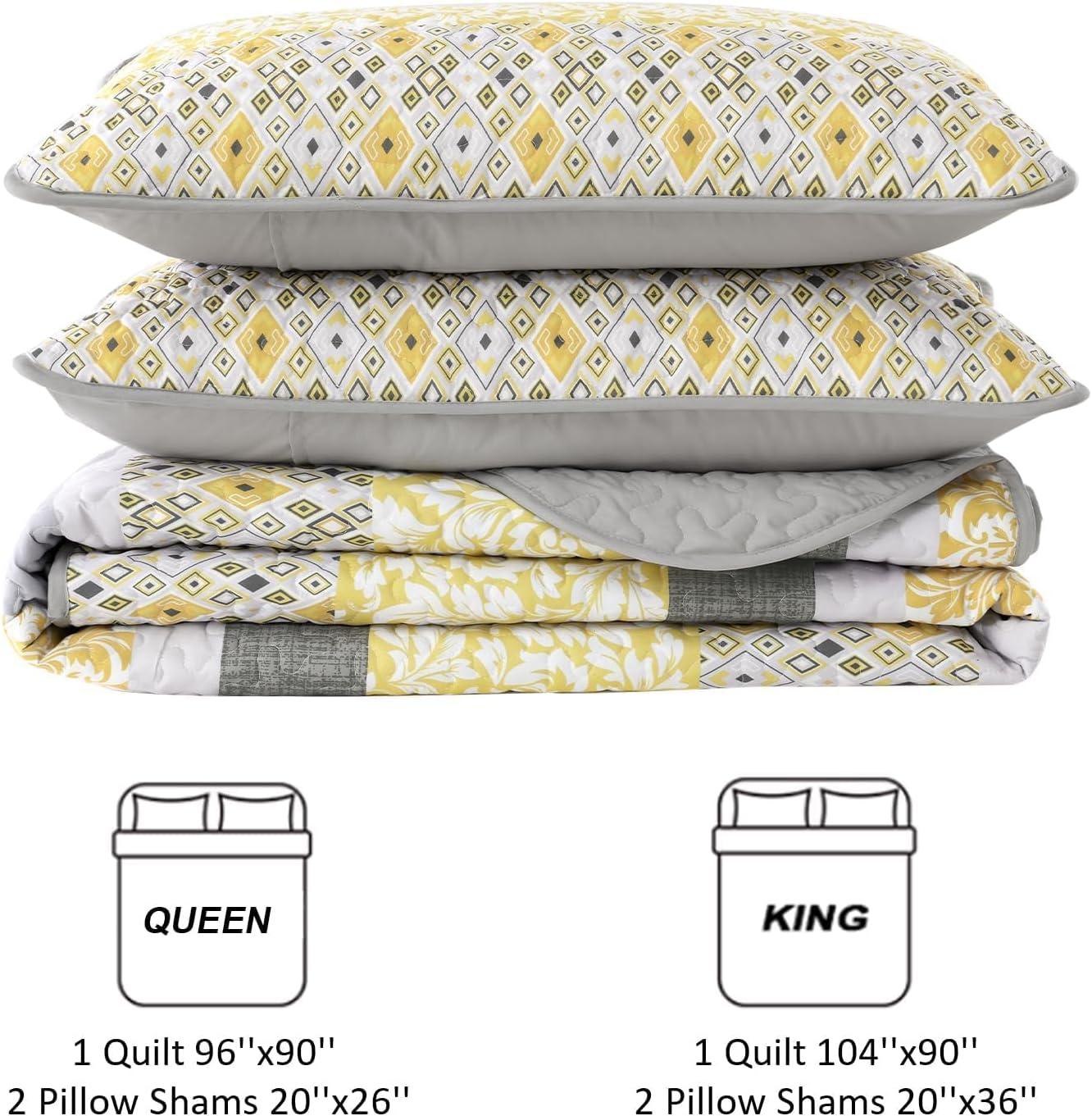 JML 3 Piece Quilt Set King Size,Lightweight Microfiber Bedspread Coverlet,Grey & Yellow Floral