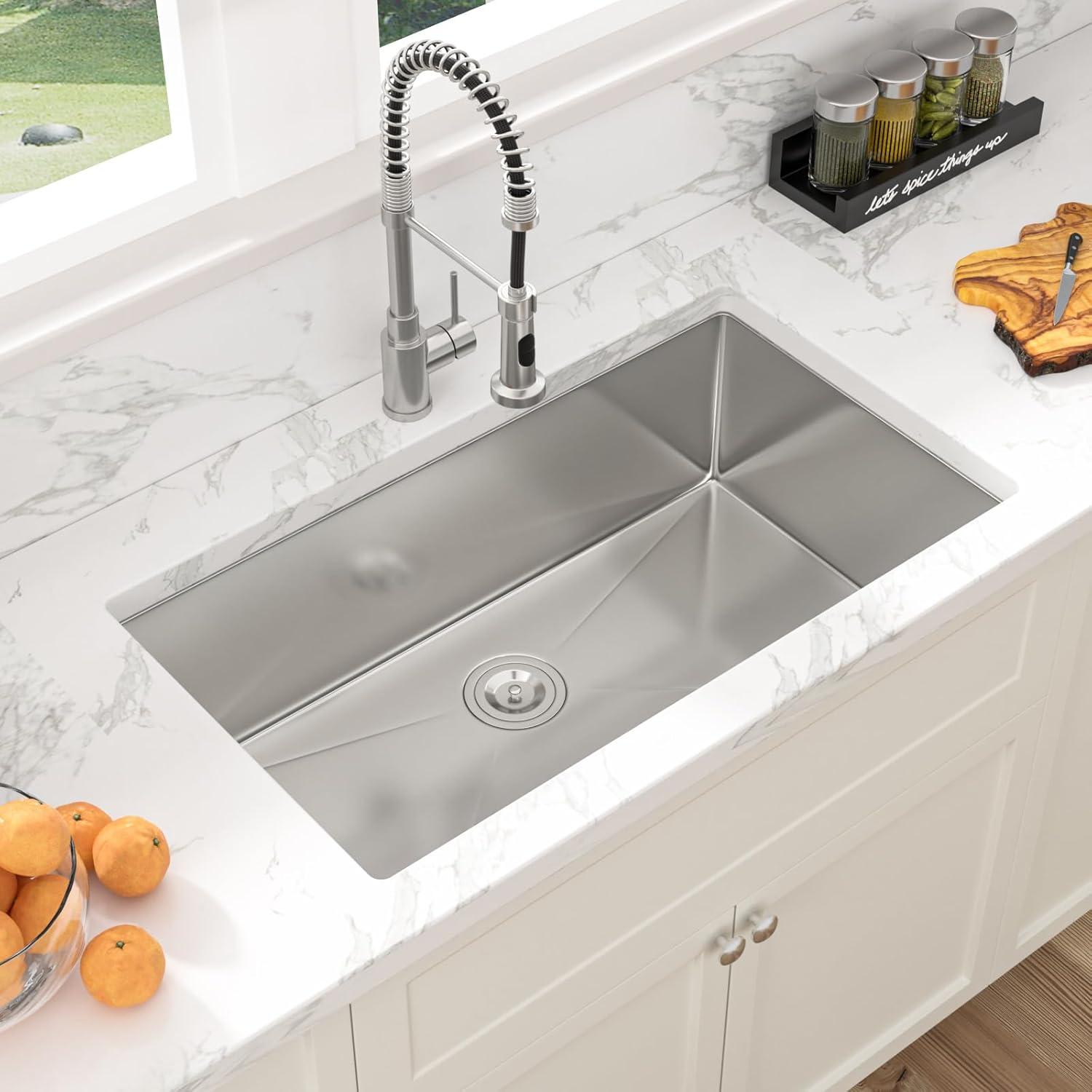 Sarlai 27 Undermount Kitchen Sink - 27 x 18 Kitchen Sink Undermount Single Bowl 16 Gauge Stainless Steel Under Counter Kitchen Sinks Round Corner Basin