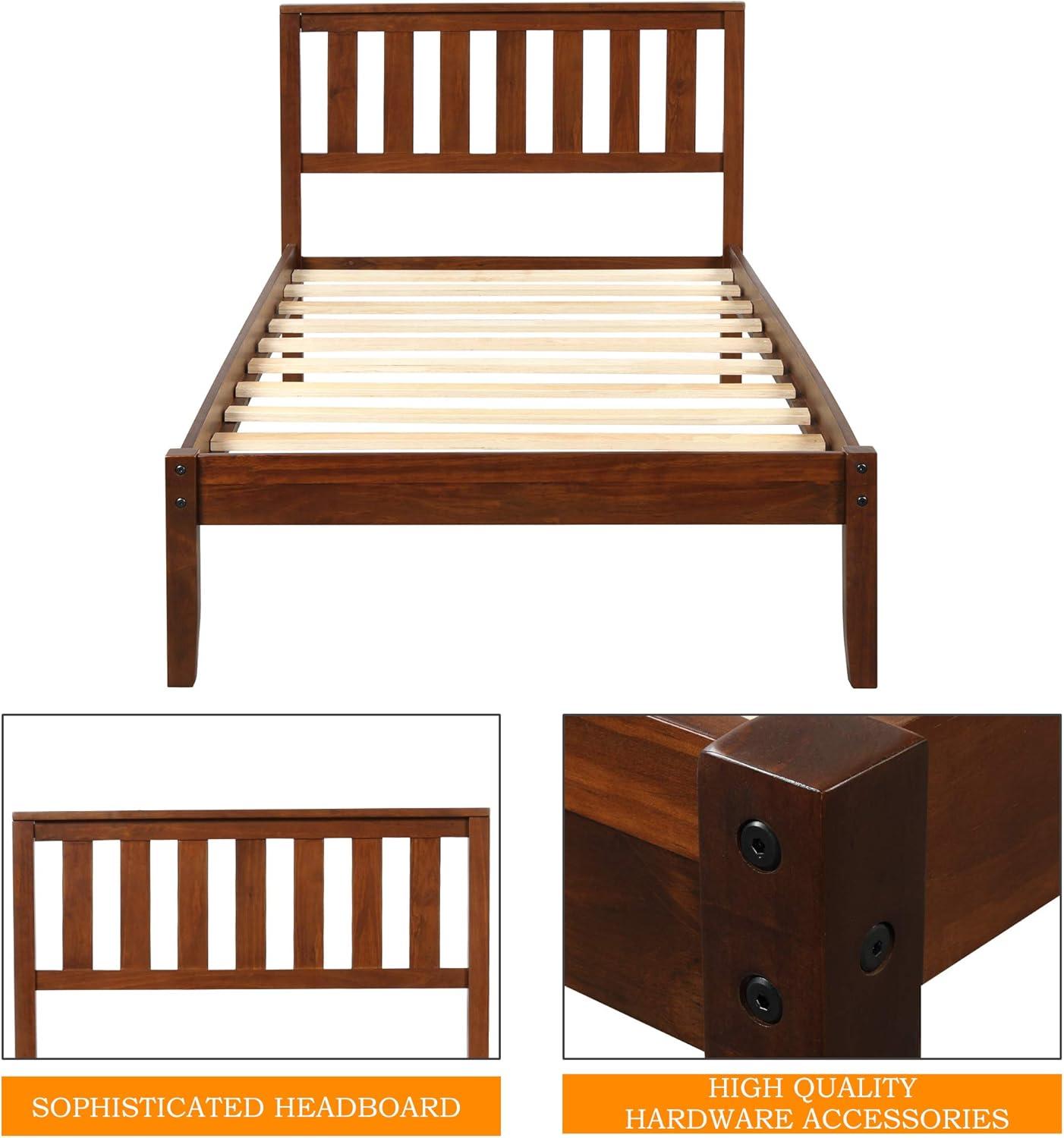 Knubmt Twin Size Bed Frame Wood Platform Bed with Headboard/Wood Slat Support, Perfect for Home, Bedroom, Brown