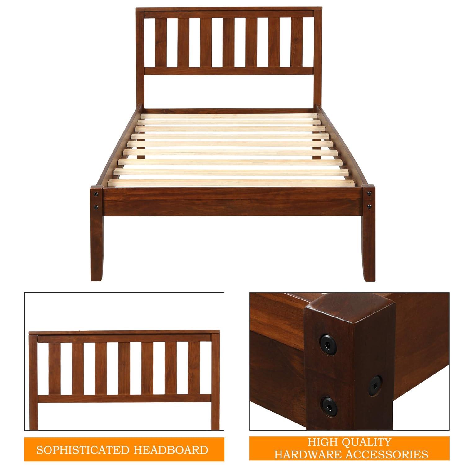 Knubmt Twin Size Bed Frame Wood Platform Bed with Headboard/Wood Slat Support, Perfect for Home, Bedroom, Brown