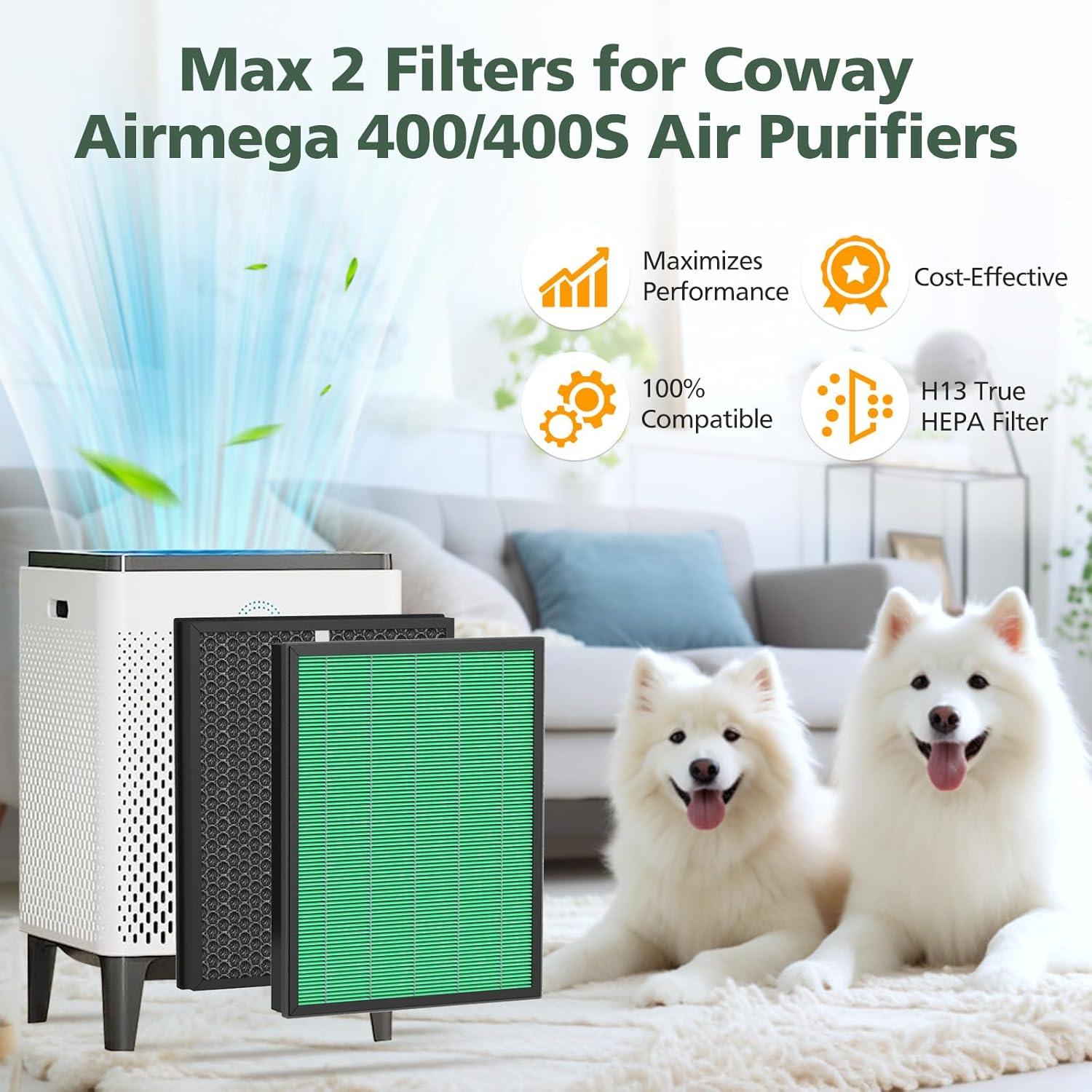 Coway Replacement Max2 Filter Set for Airmega 400 Series: True HEPA, Captures Smoke & Dust, Compatible with Coway Purifiers