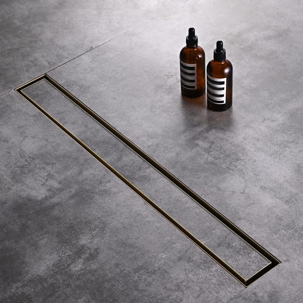 Linear Shower Floor Drain, Brushed Gold 30 Inch 304 Stainless Steel Bathroom Drains Kit, Rectangular Shower Trench Drain with Reversable Tile-in Pattern Drain Cover & Hair Catcher