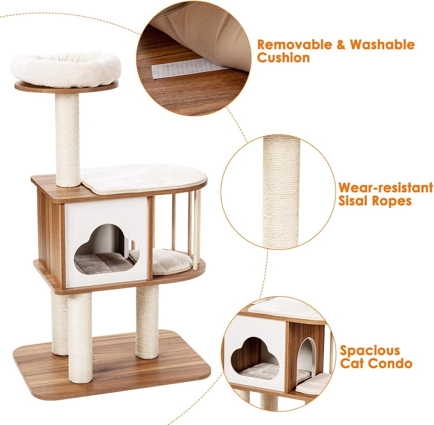 Costway 46'' Modern Wooden Cat Tree with Platform & Washable Cushions for Kittens & Cats