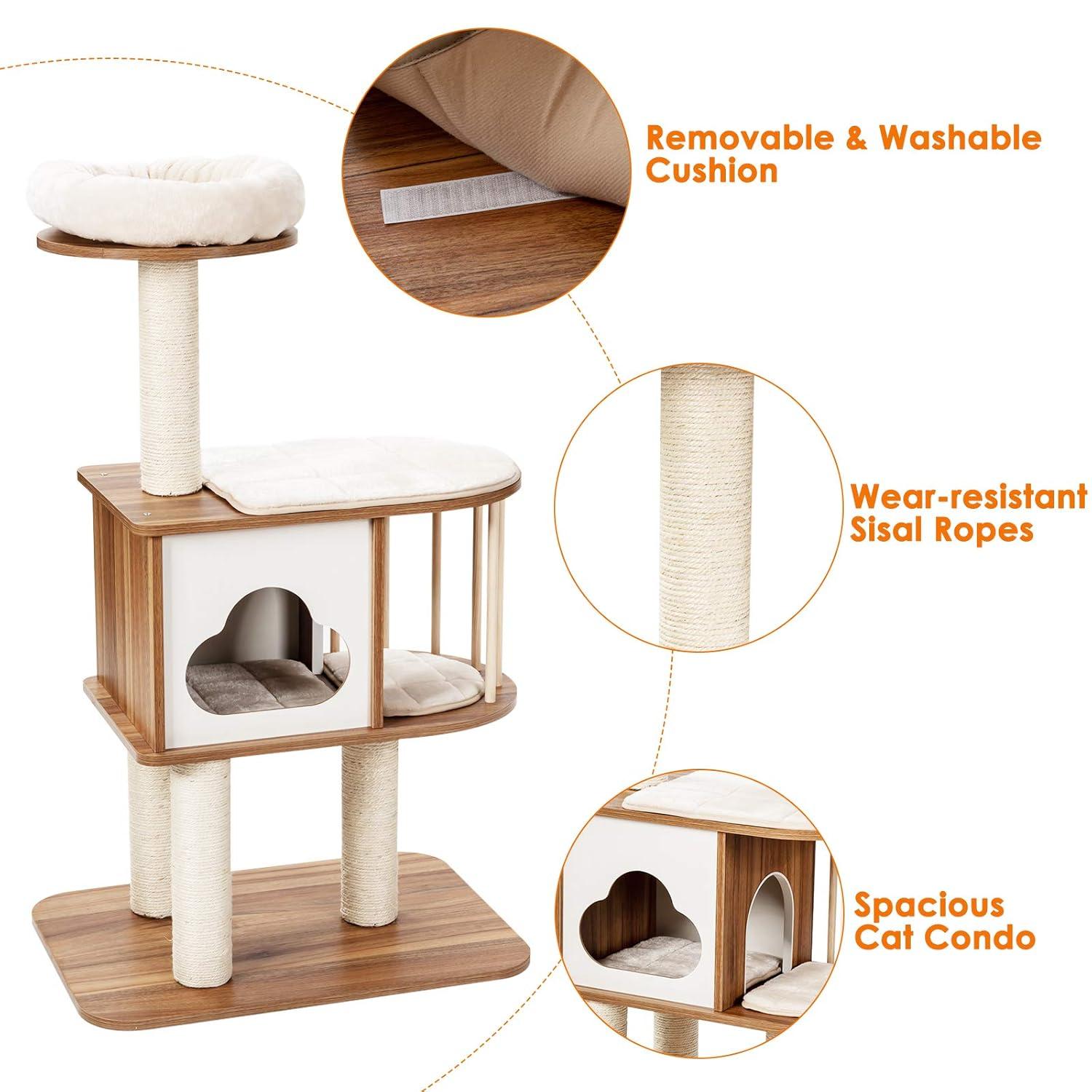 Archie & Oscar™ 46" Modern Wooden Cat Tree With Platform & Washable Cushions For Kittens & Cats