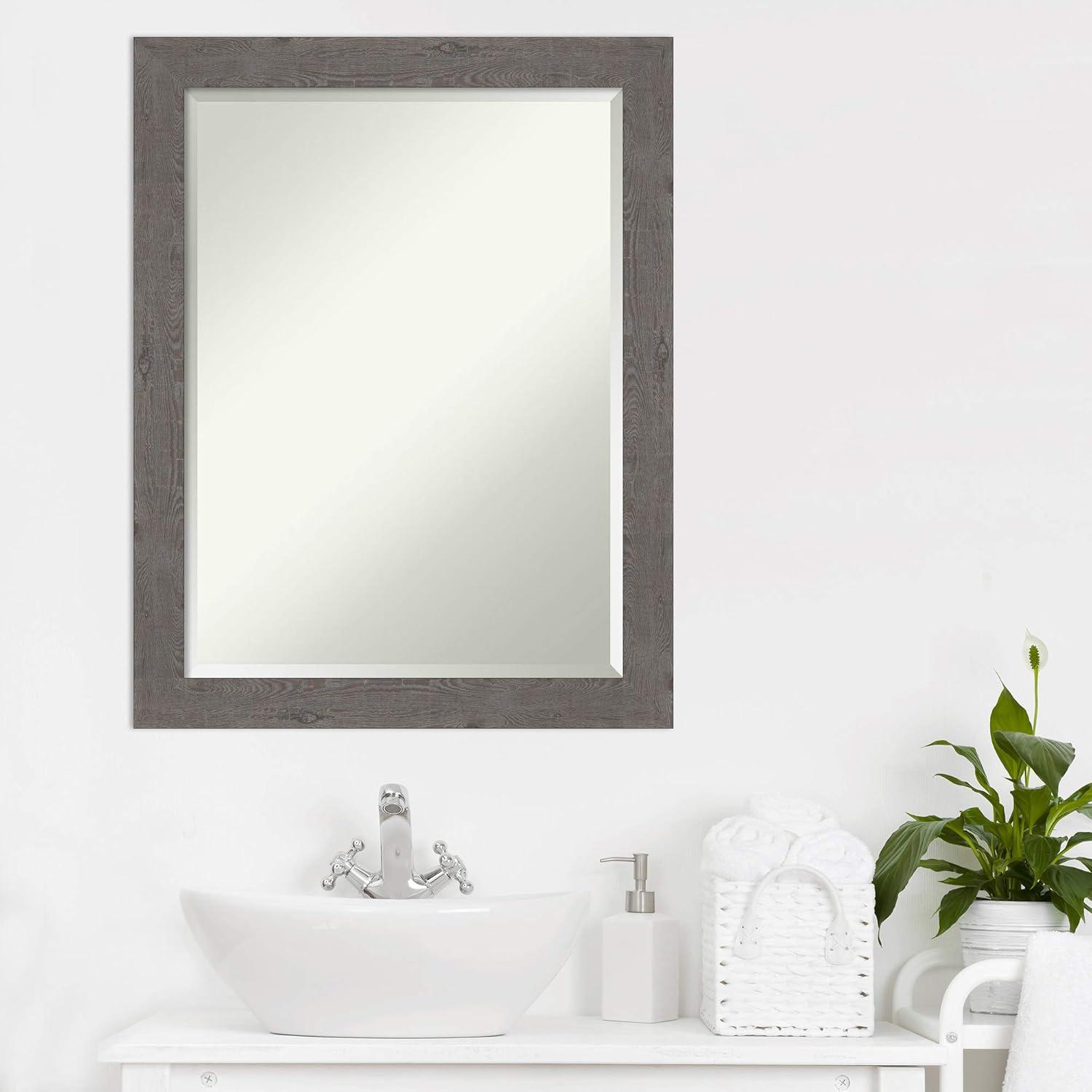 Amanti Art Beveled Bathroom Wall Mirror - Rustic Plank Grey Narrow Frame Outer Size: 21 x 27 in