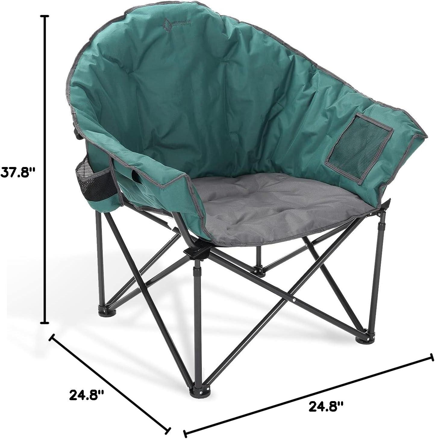 Arrowhead Outdoor Oversized Heavy-Duty Club Folding Camping Chair w/External Pocket, Cup Holder, Portable, Padded, Moon, Round, Bag (Forest Green)