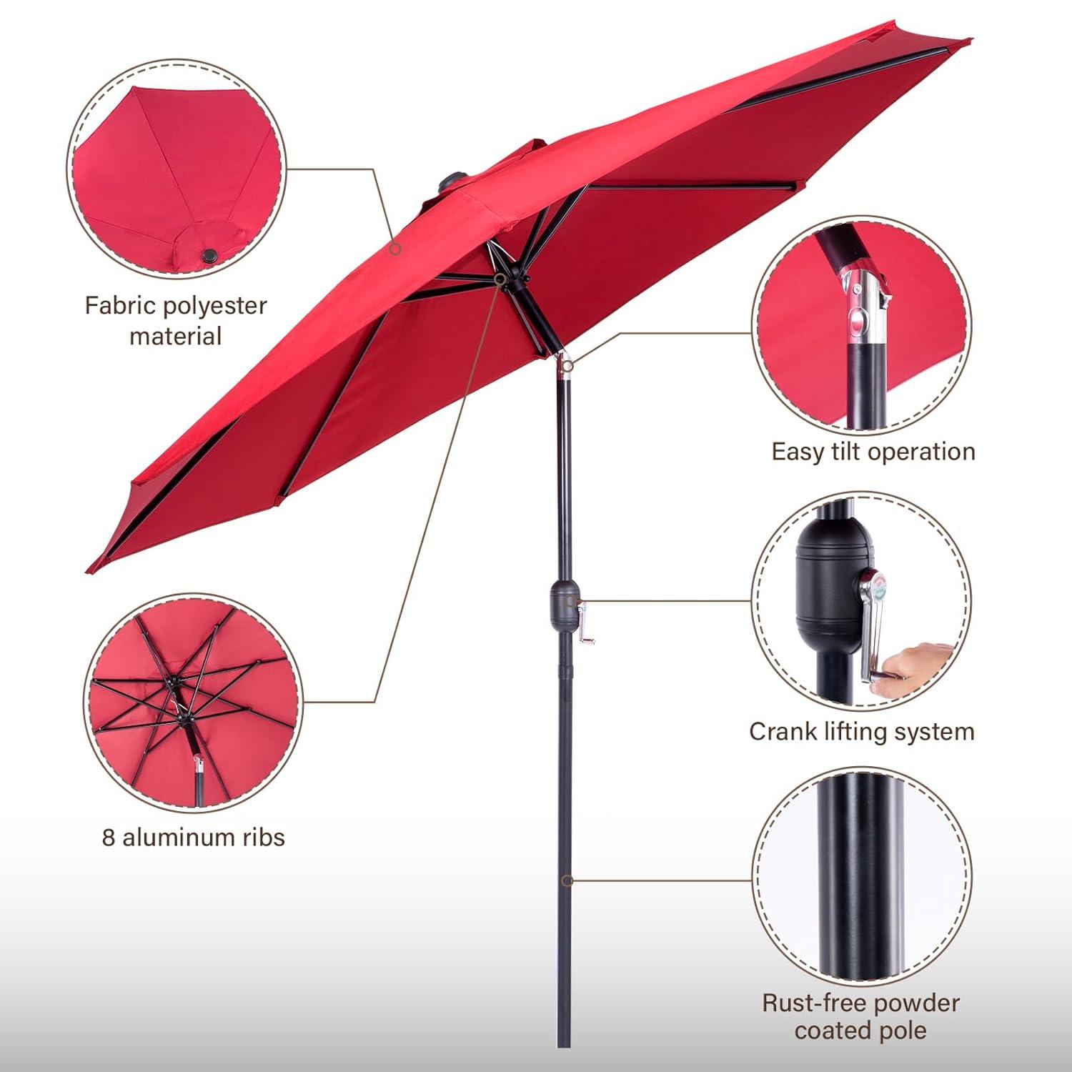 9 Ft Patio Umbrella with Crank System and Tilting Feature - UV Resistant Polyester Fabric - Red