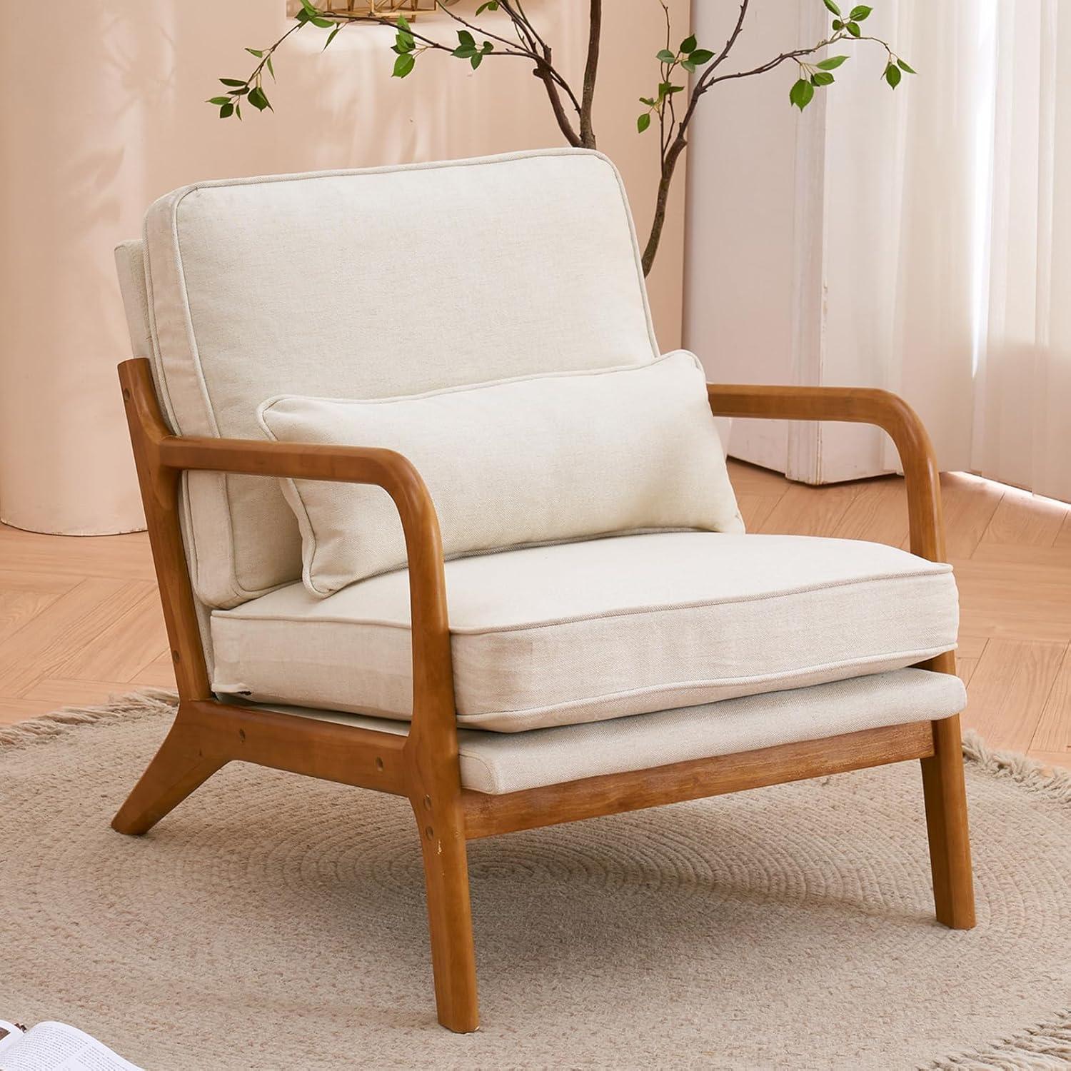 Beige Linen Armchair with Wood Frame and Pillow