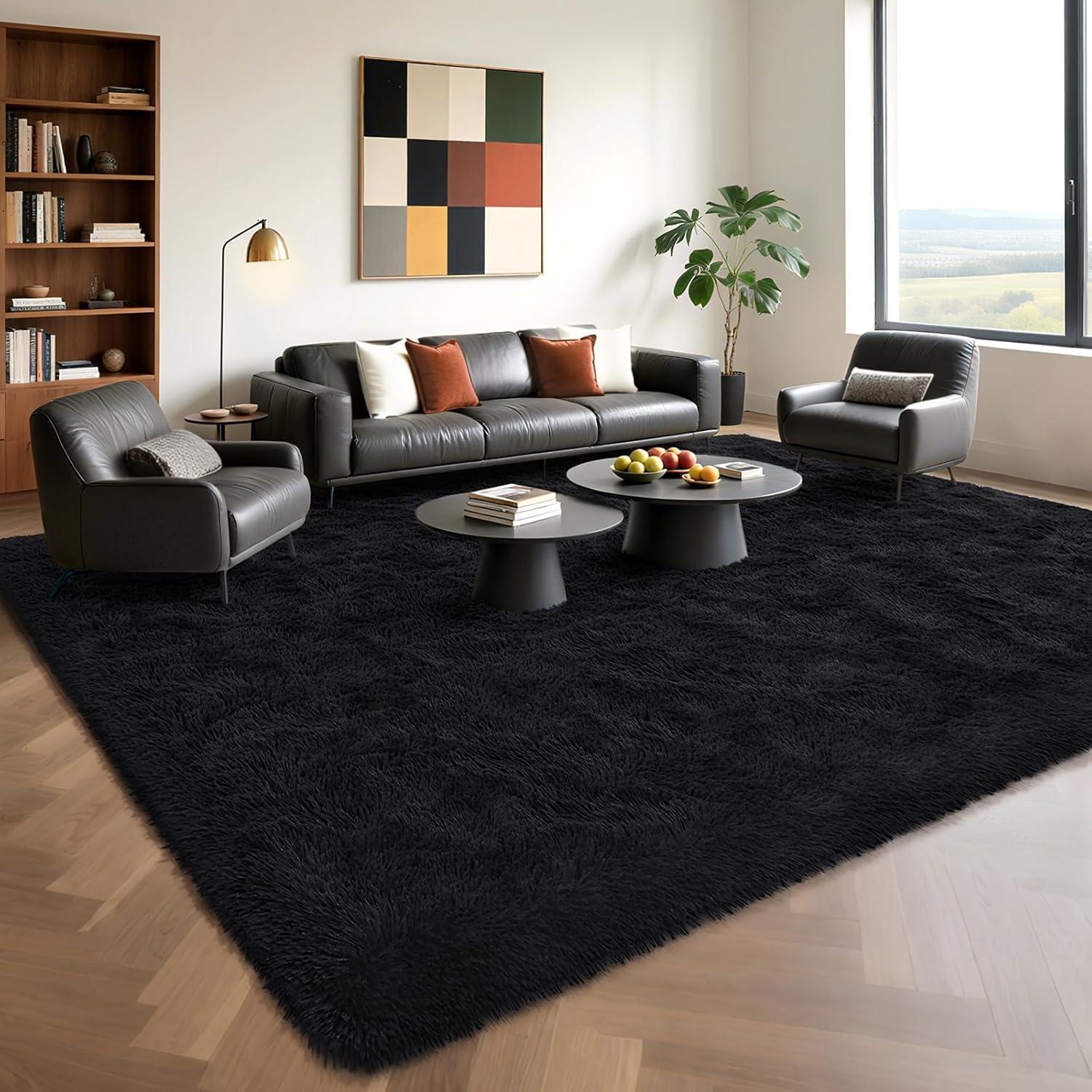 YJ.GWL Soft Fluffy Area Rugs for Bedroom Shaggy Living Room Rug Carpets for Bedroom Home Decor,4'x6',Black