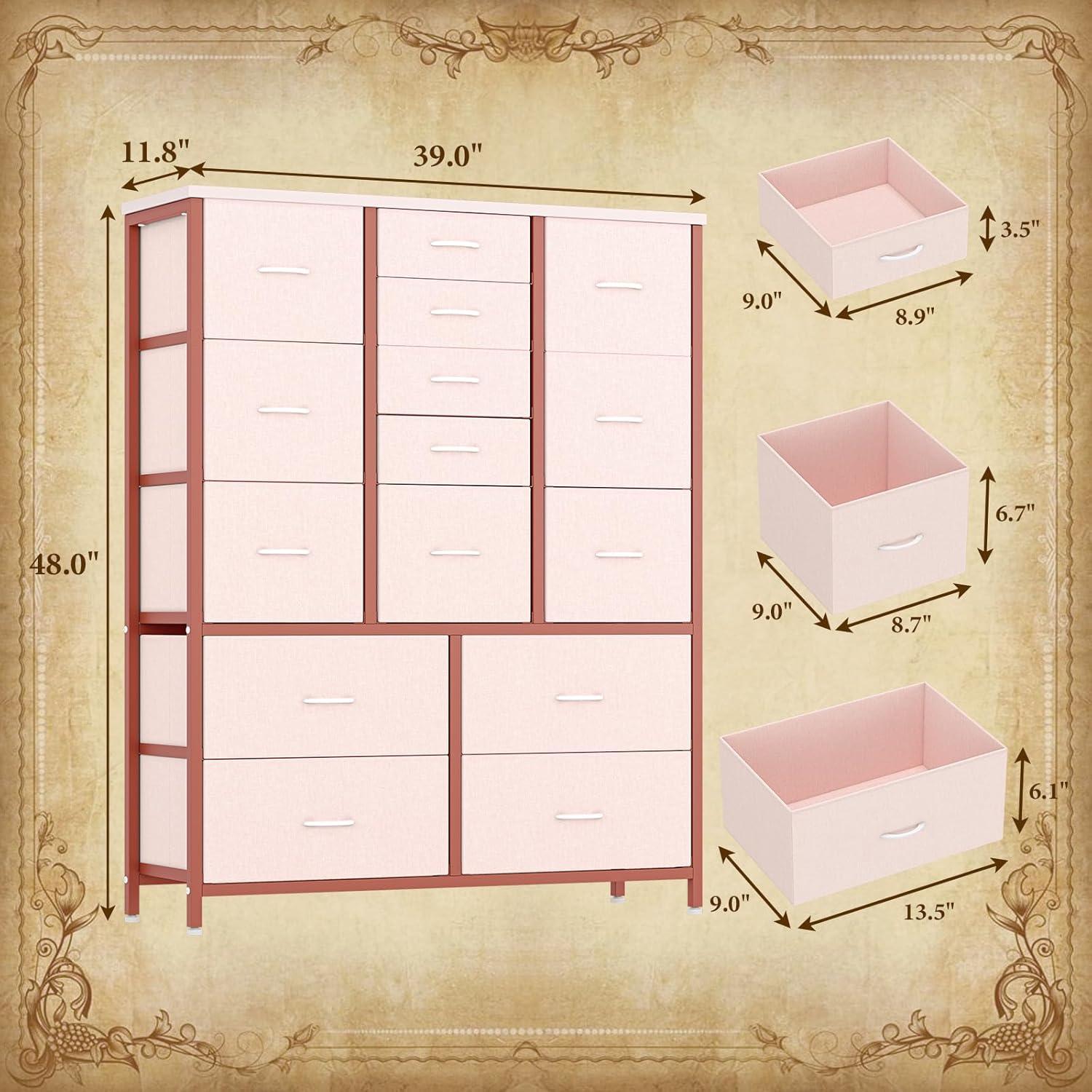 Pink Fabric 15-Drawer Tall Nursery Dresser with Metal Frame