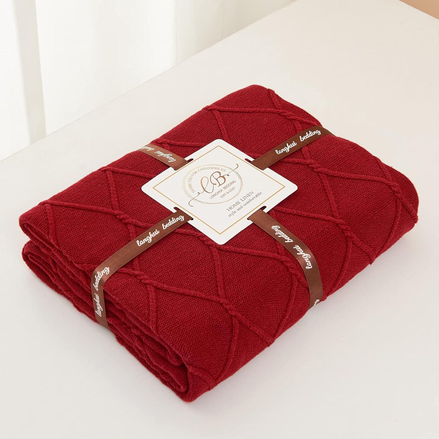 Longhui bedding 100% Cotton Burgundy Cable Knit Throw Blanket with Bonus Laundering Bag – Large 50 x 63 Inch Thick, Extra Cozy, Machine Washable, Home Decor, 2.35LB
