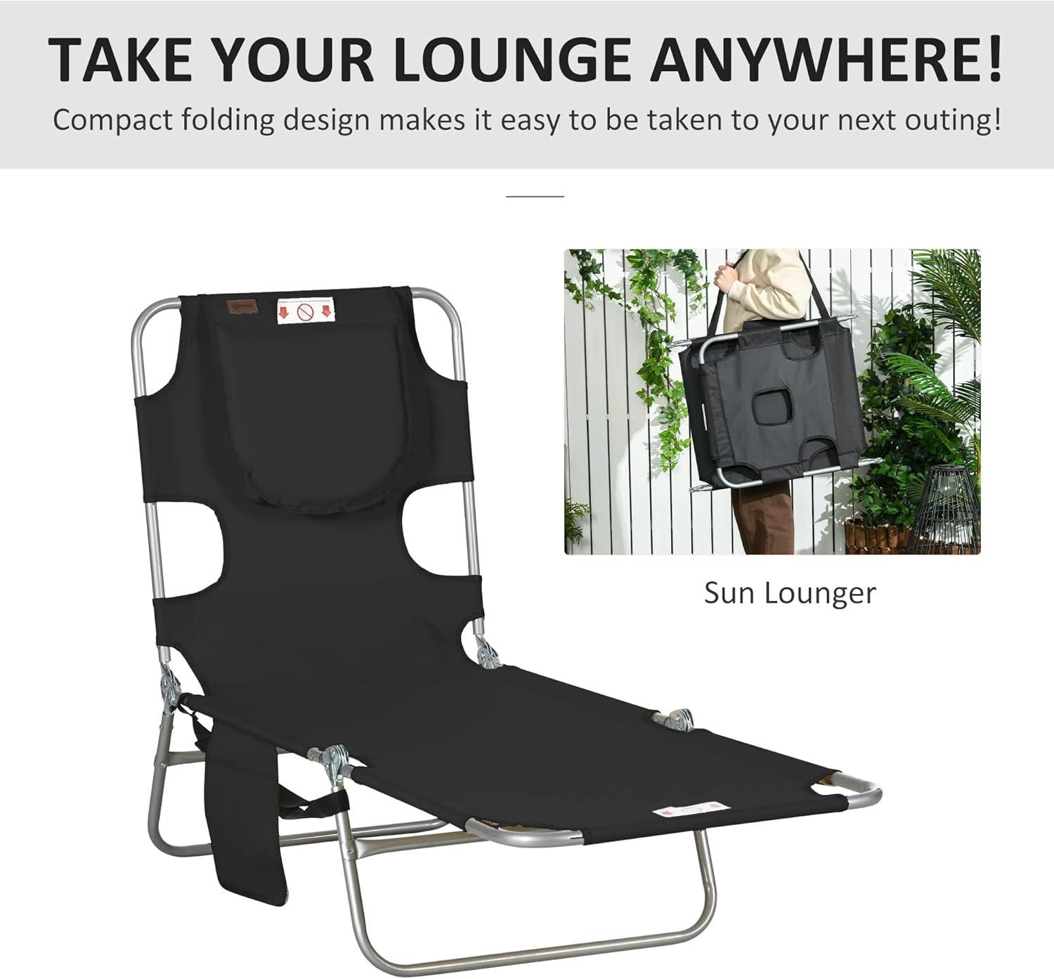 Outsunny Folding Beach Lounge Chair with Face Hole and Arm Slots, 5-Level Adjustable Sun Lounger Tanning Chair with Pillow for Patio, Garden, Beach, Pool, Dark Blue
