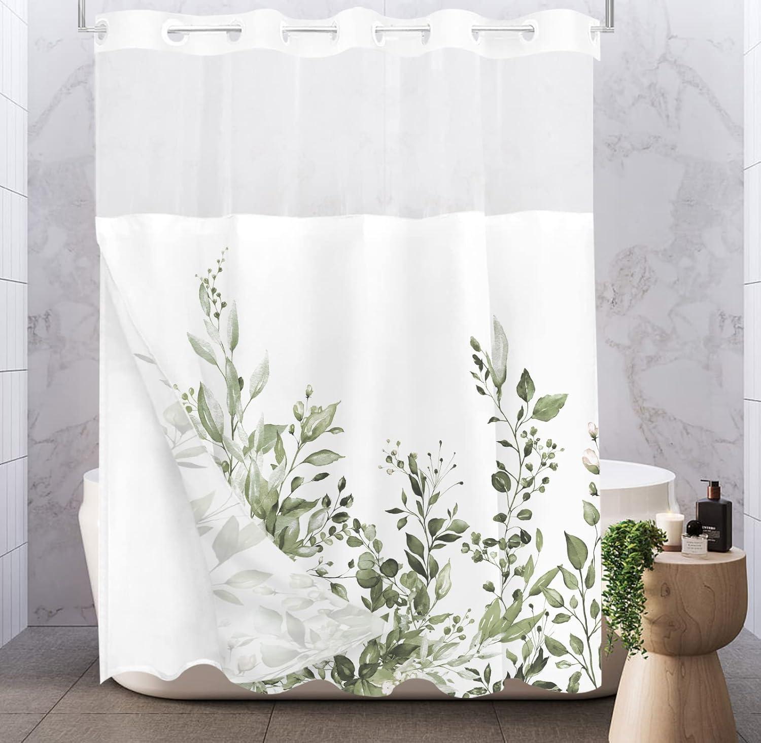 No Hook Shower Curtain with Snap in Liner, Eucalyptus Leaf Vintage Sage Green Leaves Hotel Shower Curtains for Bathroom, Washable Shower Curtain Liner Set with Mesh Top Window, 66"x72"