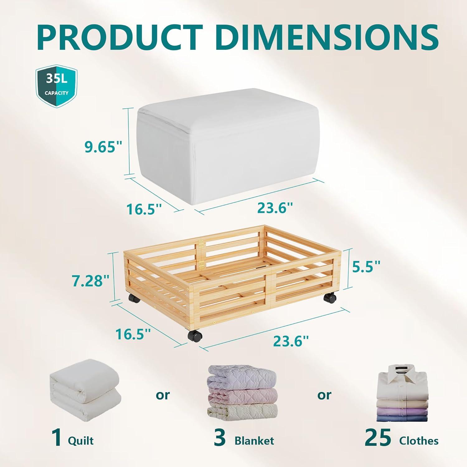 Bamboo Under Bed Storage Containers- Underbed Organizer with Wheels with Large Capacity Dust Bag,Sturdy Wood Rolling Under Bed Shoe Storage Organizer Drawer 2 Packs (Nature, Small)