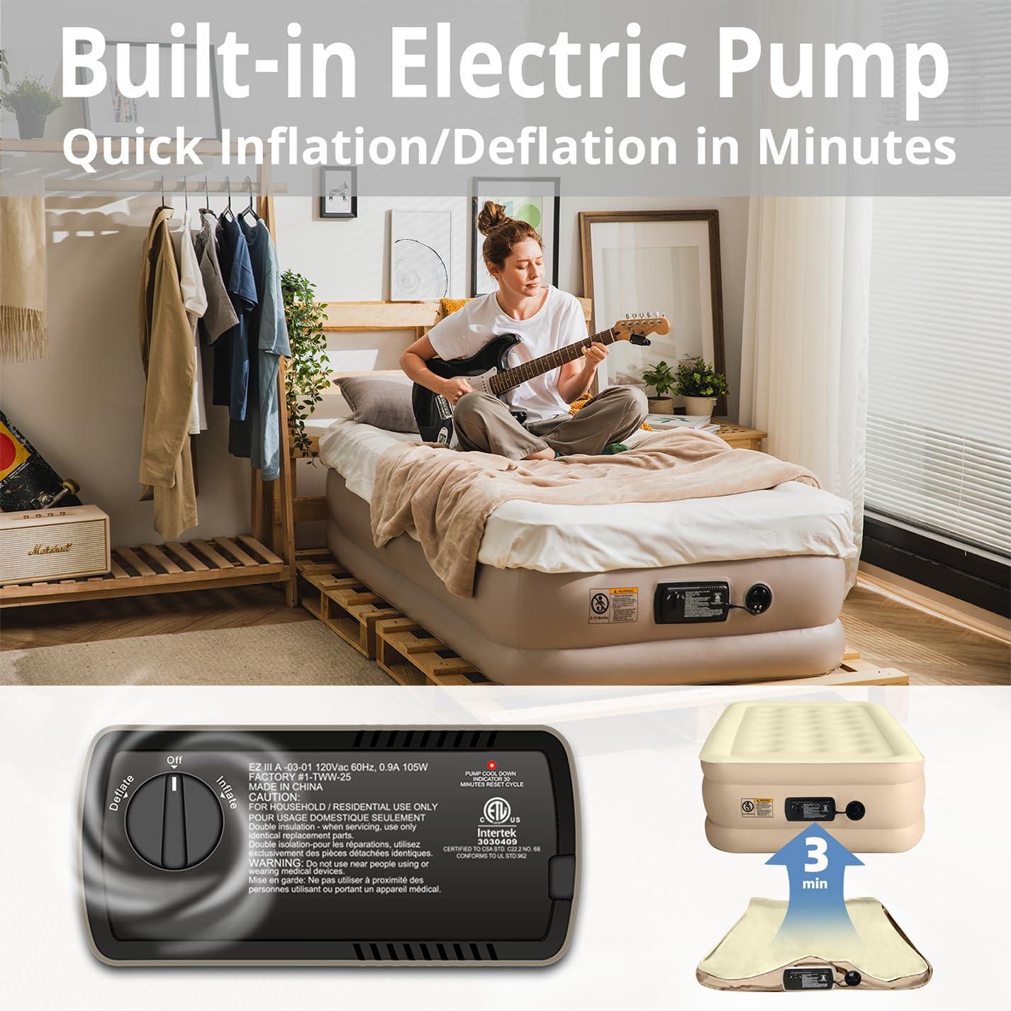 Simpli Comfy 18" Raised Twin Inflatable Air Mattress with Built-in AC Pump, Fast Self-Inflating Blow Up Air Bed with Waterproof Top for Home, Travel, Camping 75” x 40” x 18"…