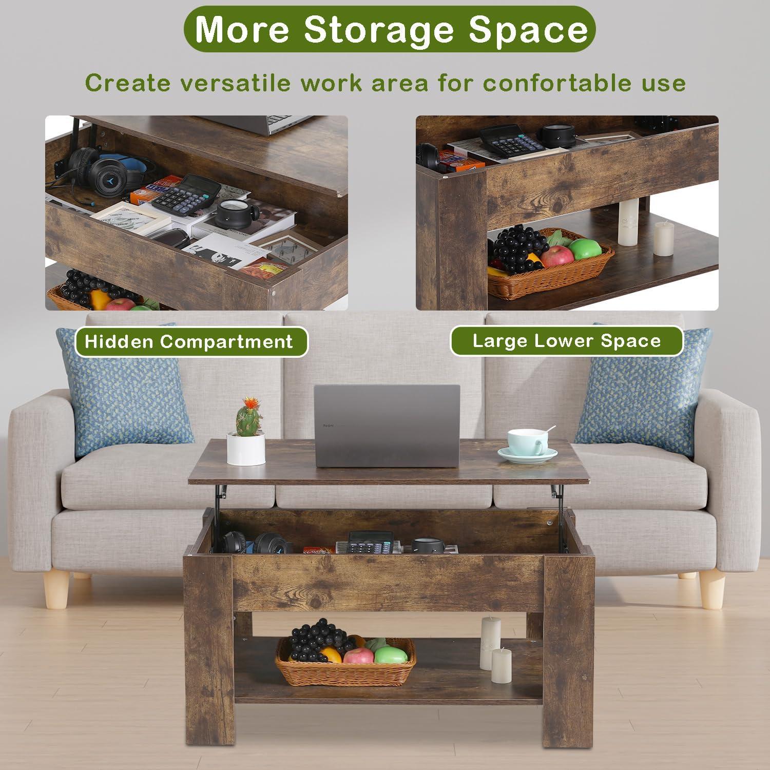 Brown Lift-Top Coffee Table with Storage Shelf