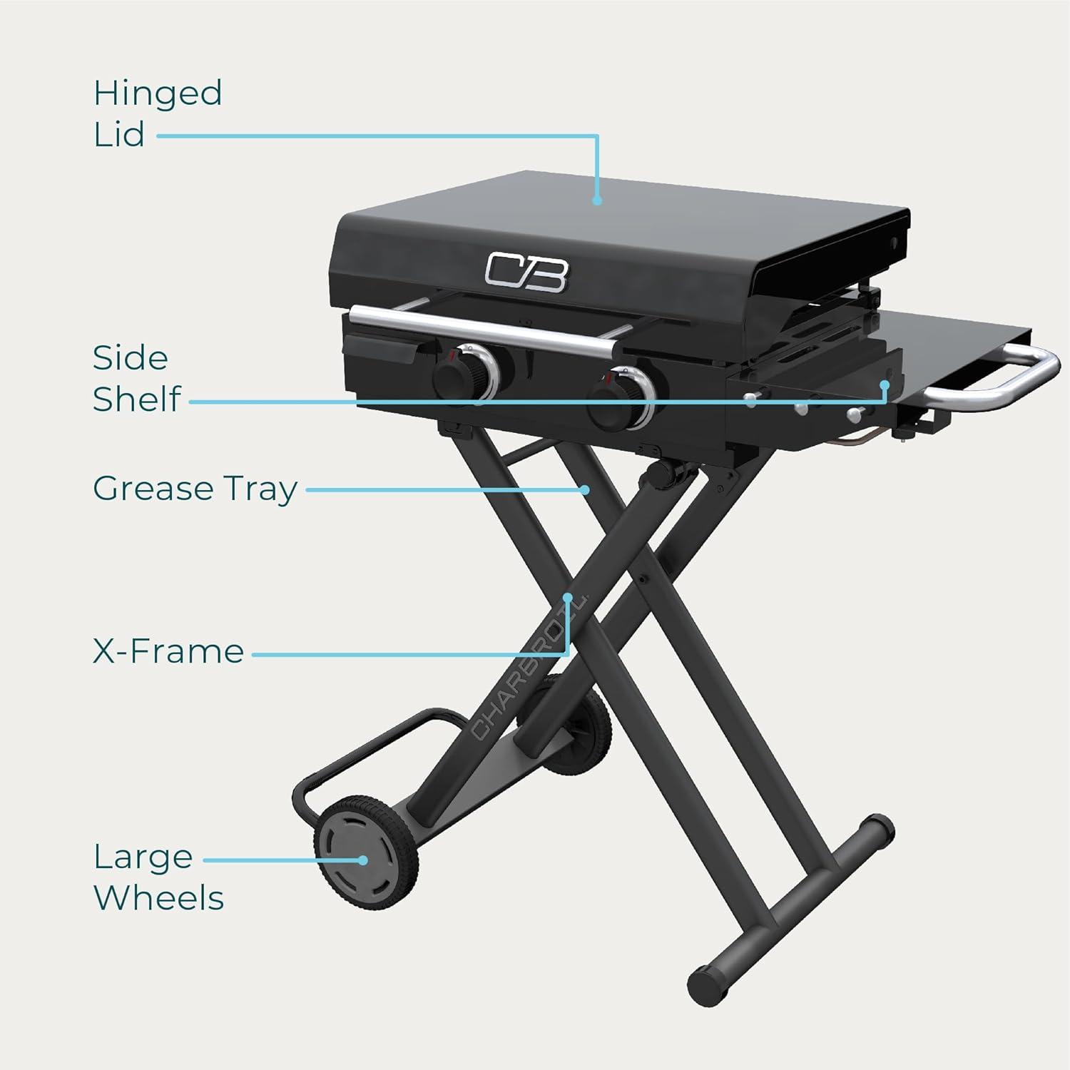 Charbroil Performance Series 22" Folding Cart 2-Burner Portable Flat Top Gas Griddle, Black