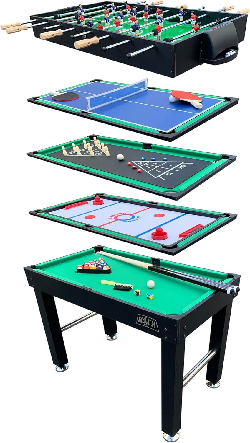 KICK Hexad 48″ 6-in-1 Multi Game Table (Black) - Combo Game Table Set - Billiards, Foosball, Glide Hockey, Table Tennis, Mini-Shuffleboard, and Mini-Bowling for Home, Game Room, Friends and Family!