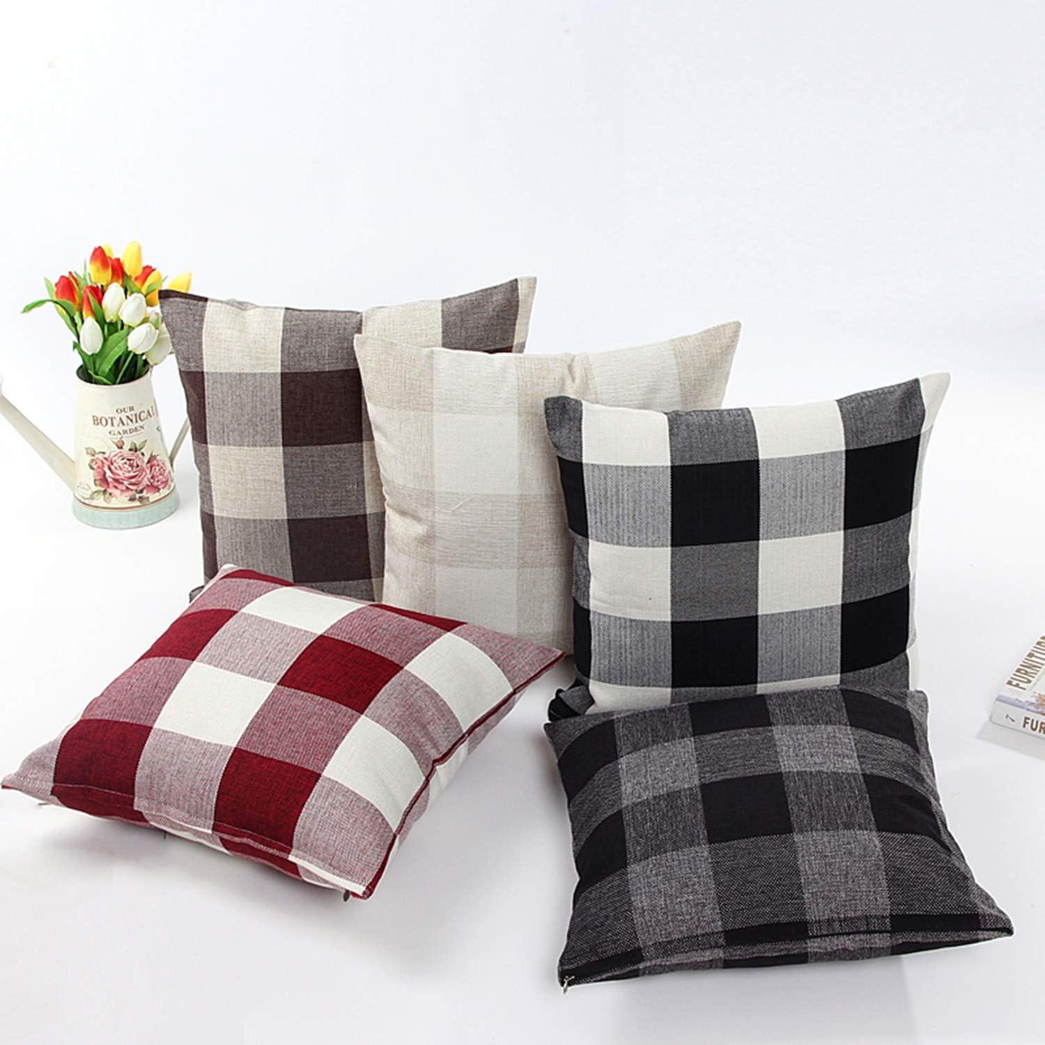 Jiuhong Cotton Linen Throw Pillow Covers Farmhouse Decor Checkers Plaids Square Cushion Case Home Decorative for Sofa Bedroom Car, 2 Pack (Beige, 18 x 18 Inch)