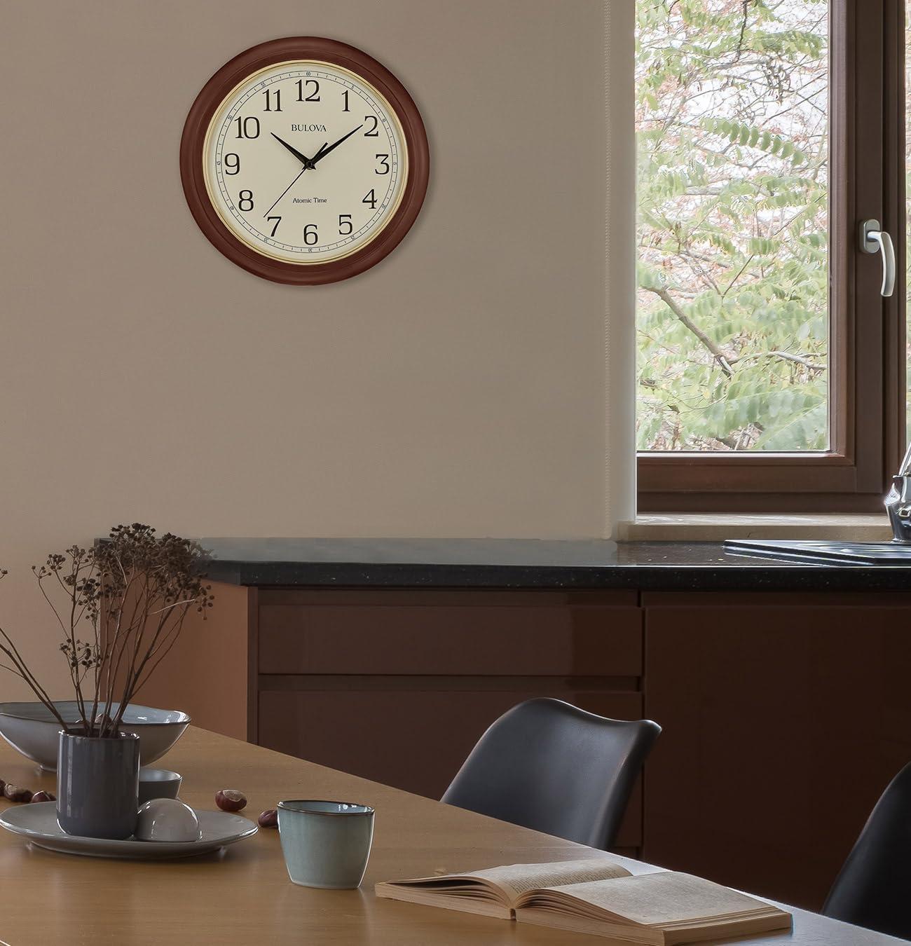 Bulova Clocks Atomic Time  Analog Quartz Wall Clock, Warm Brown Cherry
