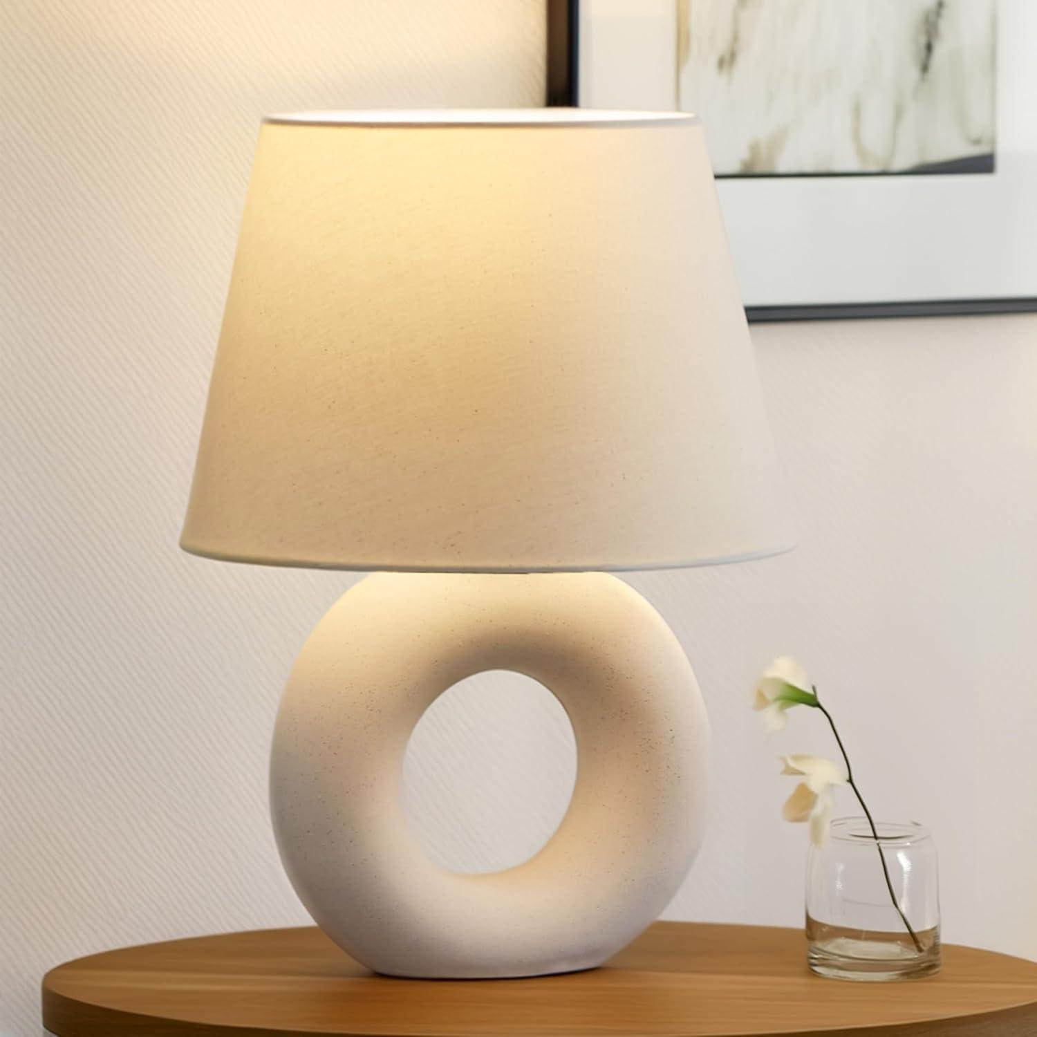 Brightech Chloe 15.5" Modern LED Table Lamp with Circular Ceramic Base and Natural Cotton Shade