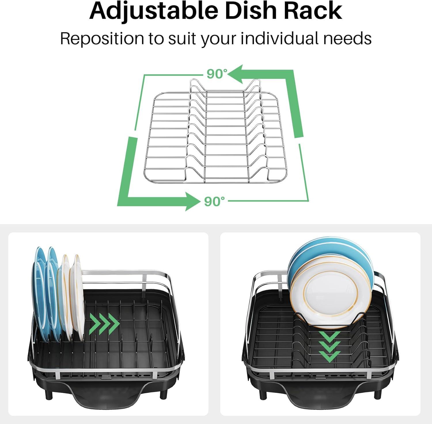Fabhob Expandable Dish Rack for Kitchen Counter, Stainless Steel Dish Drainer with Drainboard Set and Utensil Holder
