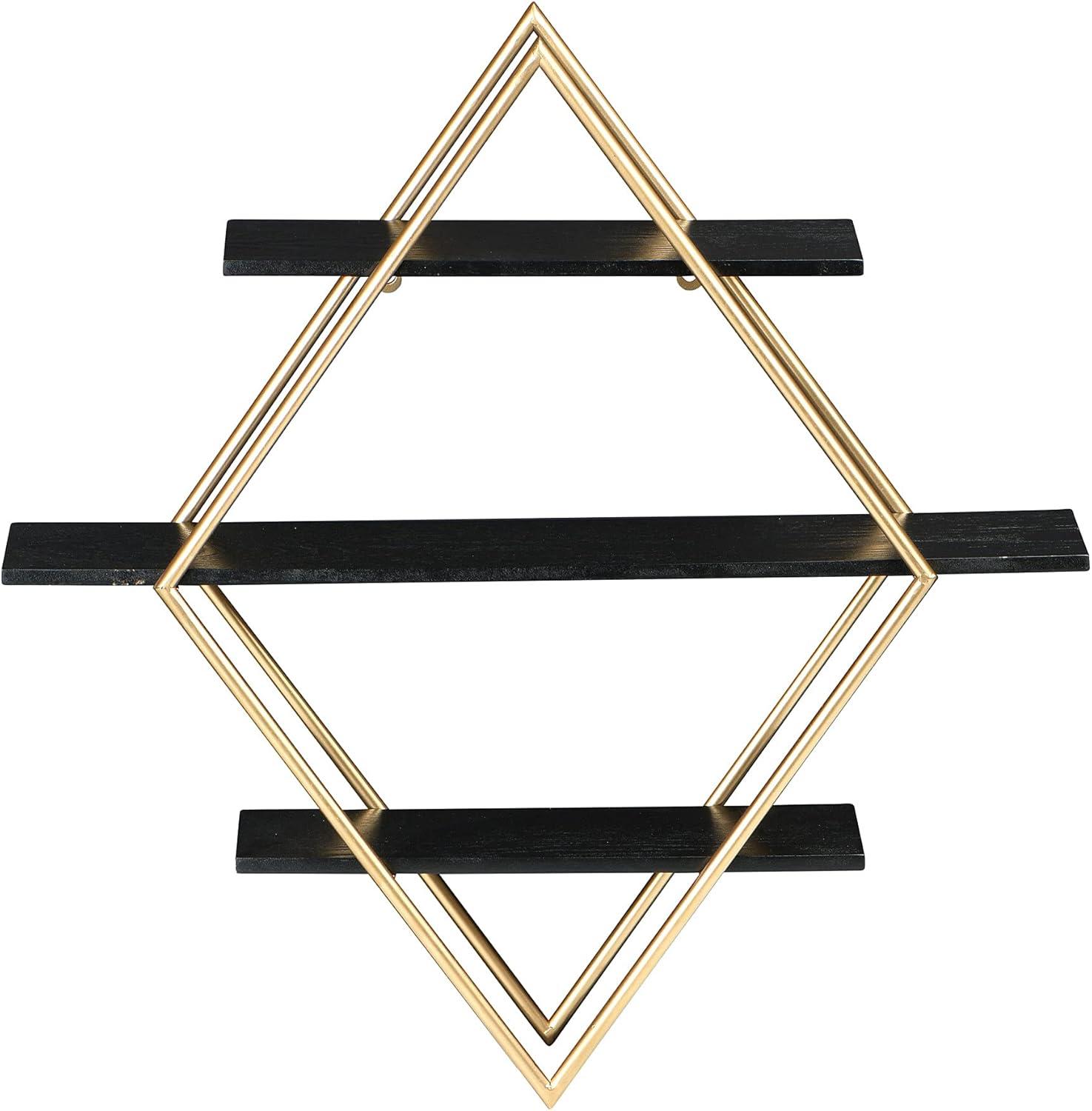 Espresso Black Wood and Gold Iron Diamond Wall Shelf, 23.5"