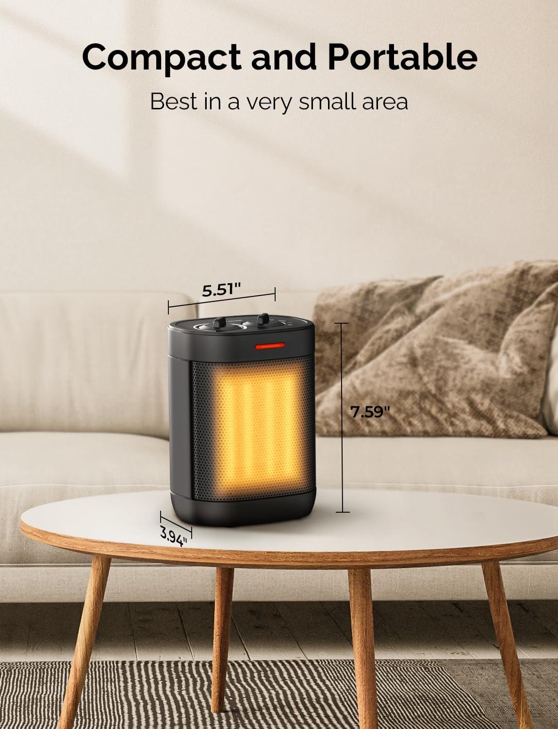 Small Space Heater for Indoor Use, PTC Electric Heater for Bedroom, 1000W Fast Heating with Thermostat, Overheating & Tip-Over Protection, Portable Small Heater