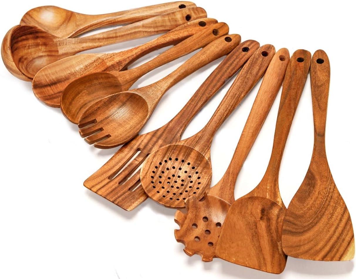 Wooden Spoons for Cooking, 10 Pcs Teak Wood Cooking Utensil Set ‚ Wooden Kitchen Utensils for Nonstick Pans & Cookware ‚ Sturdy, Lightweight & Heat Resistant