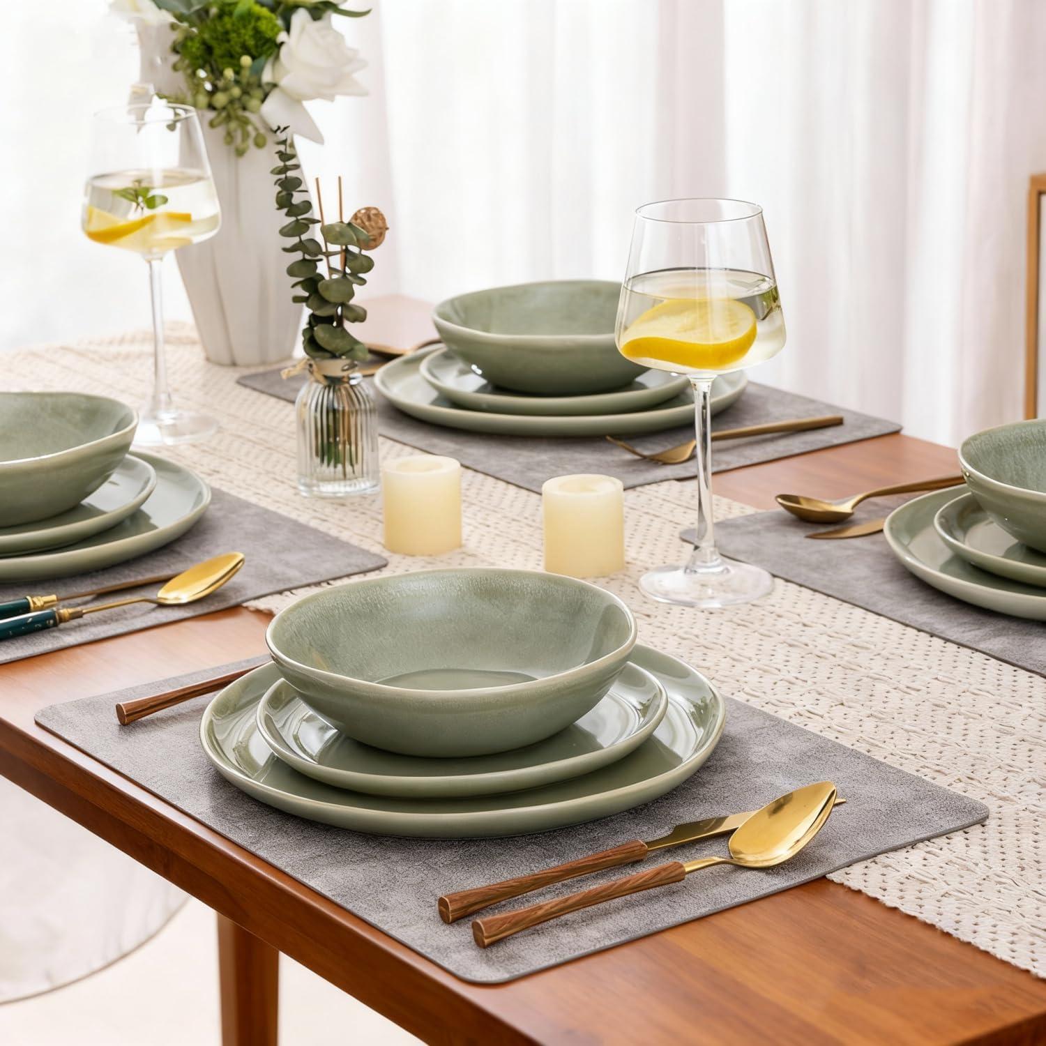 Olive Green and White Ceramic Dinnerware Set for 4