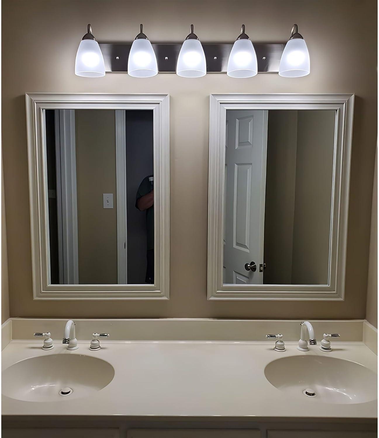 Kira Home Armada 37" 5-Light Over Mirror / Bathroom Light, Frosted Glass Shades, Curved Arms, Brushed Nickel