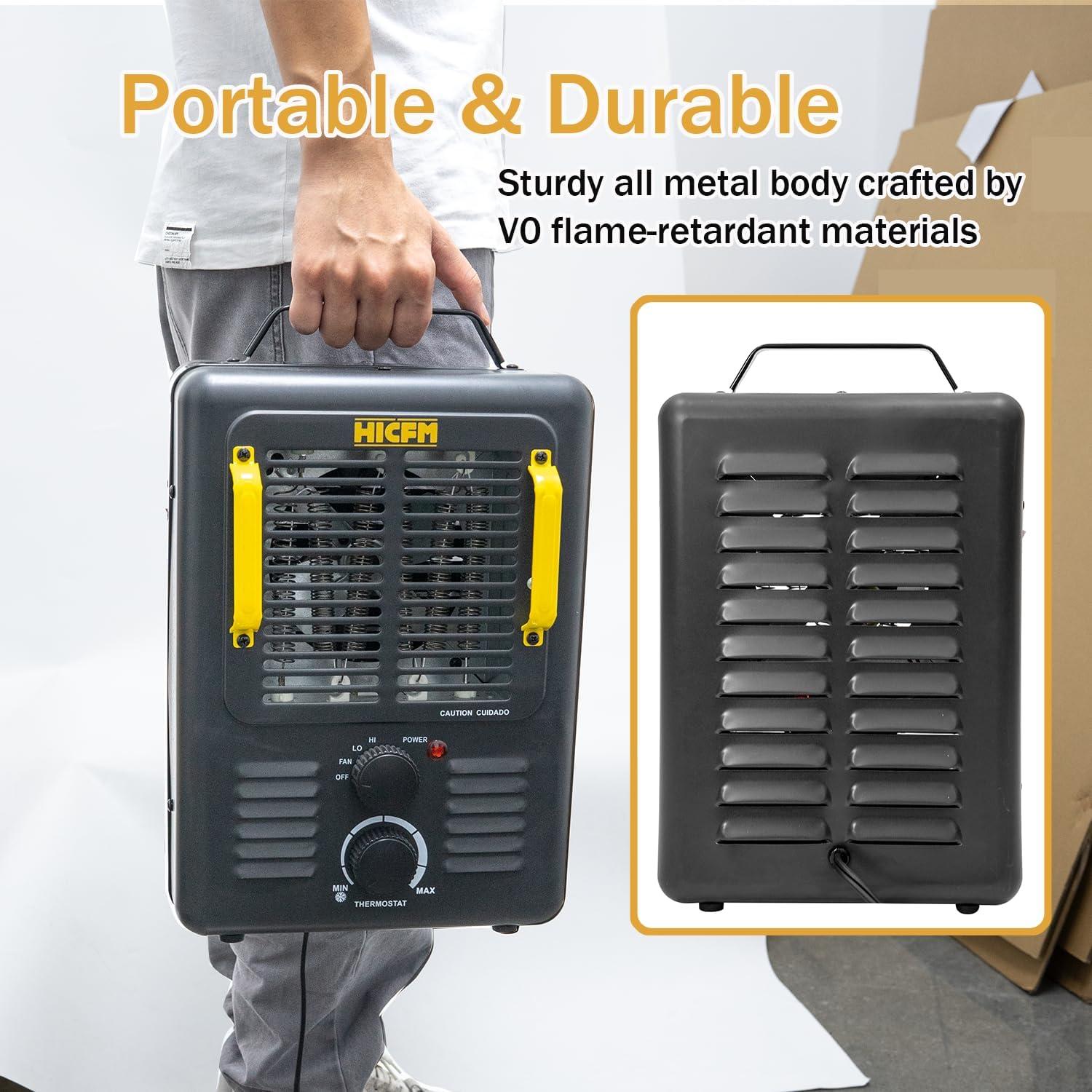 HiCFM Milkhouse Space Heater, 1300W/1500W Electric Heater with Thermostat, Safe and Quiet for Home Office Garage Workshop - UL Safety Listed