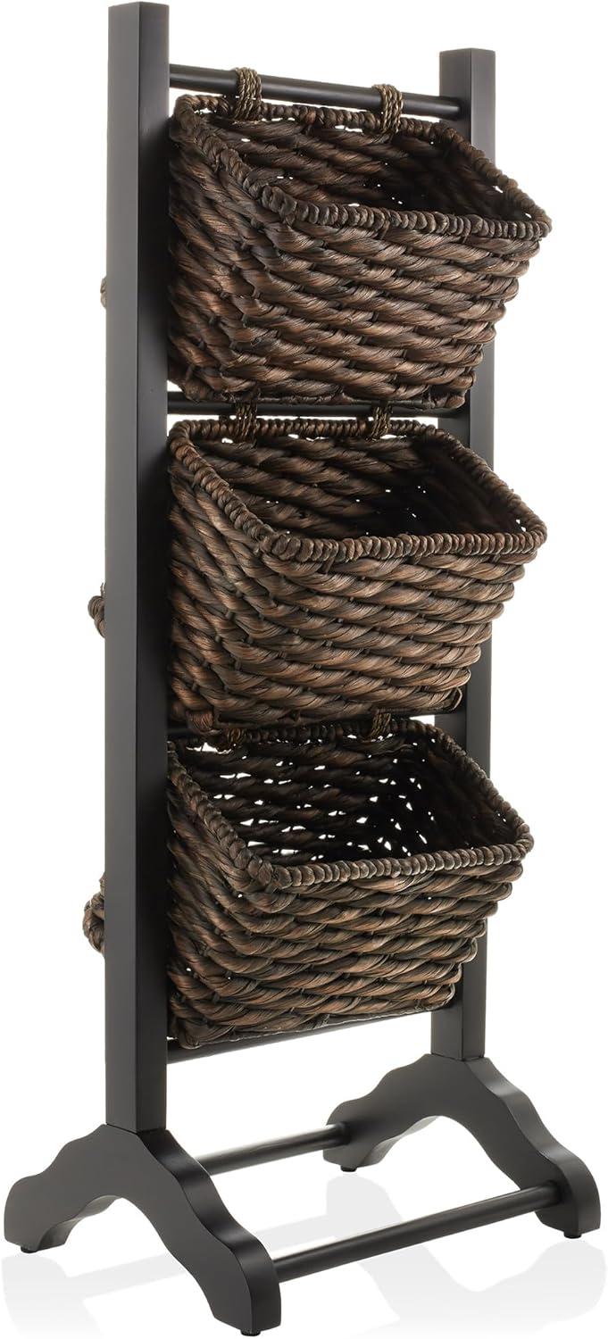 Casafield 3-Tier Floor Stand with Hanging Storage Baskets, Black/Espresso - Wood Tower Rack for Bathroom, Kitchen, Laundry, Living Room