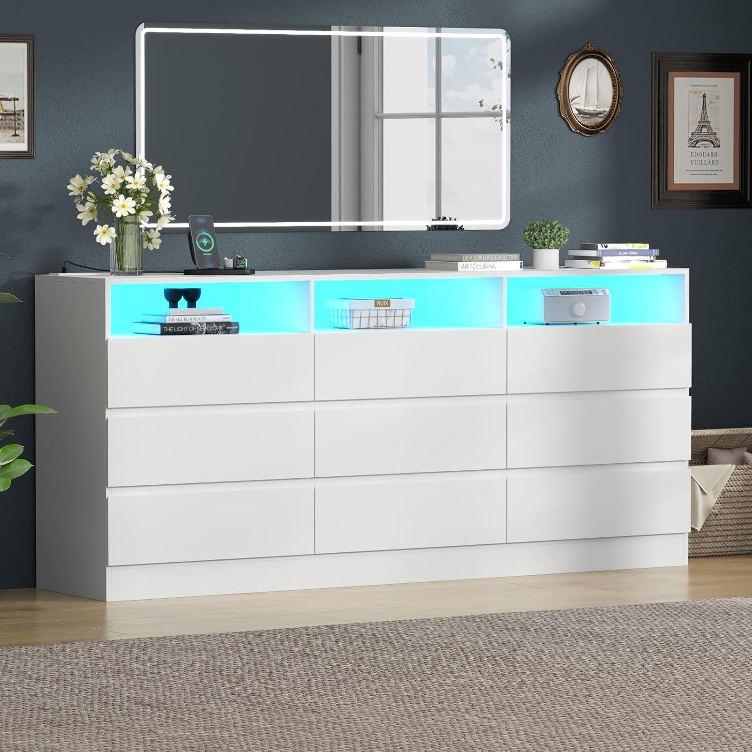 Modern White Double Dresser with LED Lights and Charging Station